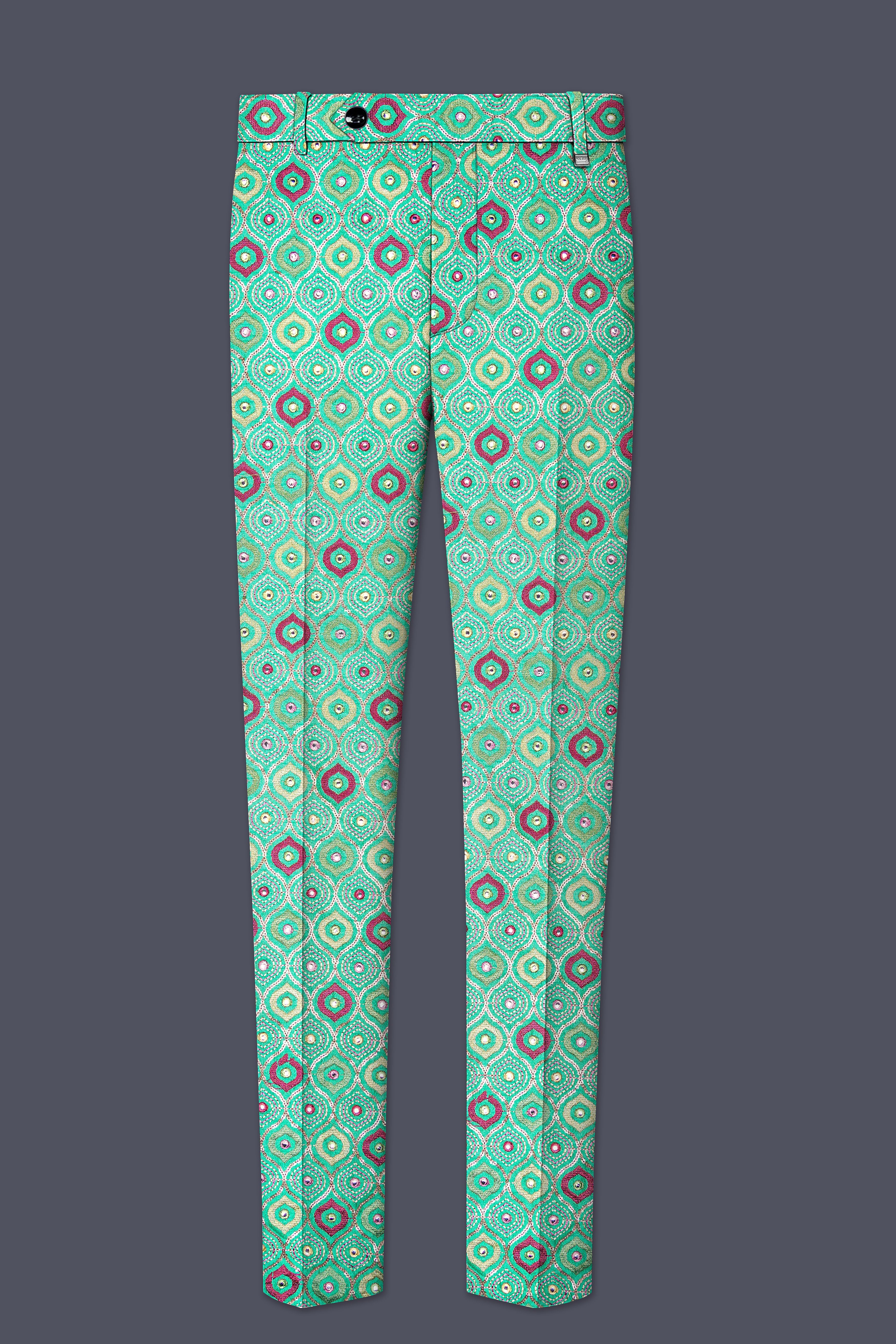 Florambre-Bermuda Green and Charm Pink Ogee Cotton Thread Embroidered Designer Tuxedo Suit