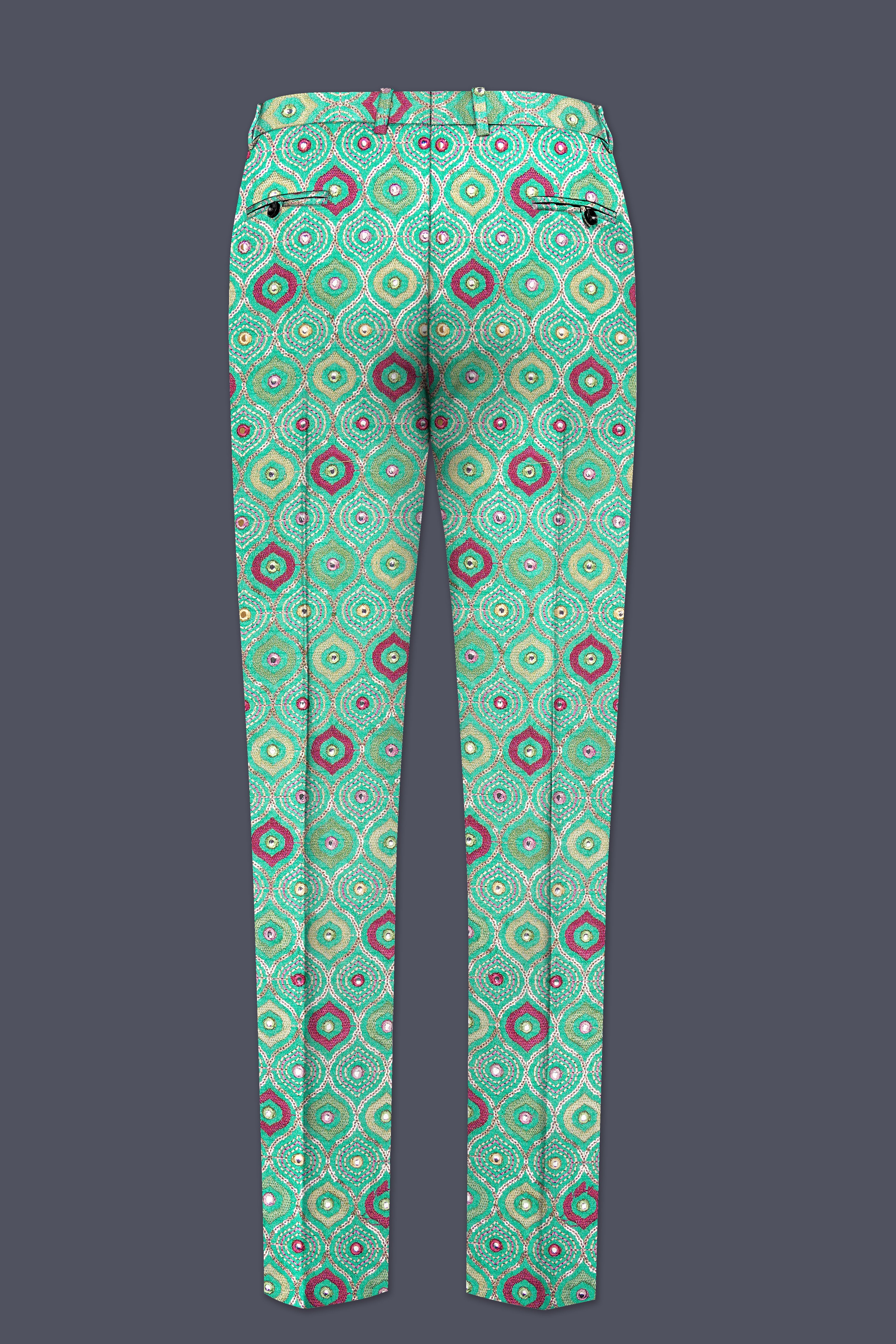 Florambre-Bermuda Green and Charm Pink Ogee Cotton Thread Embroidered Designer Tuxedo Suit