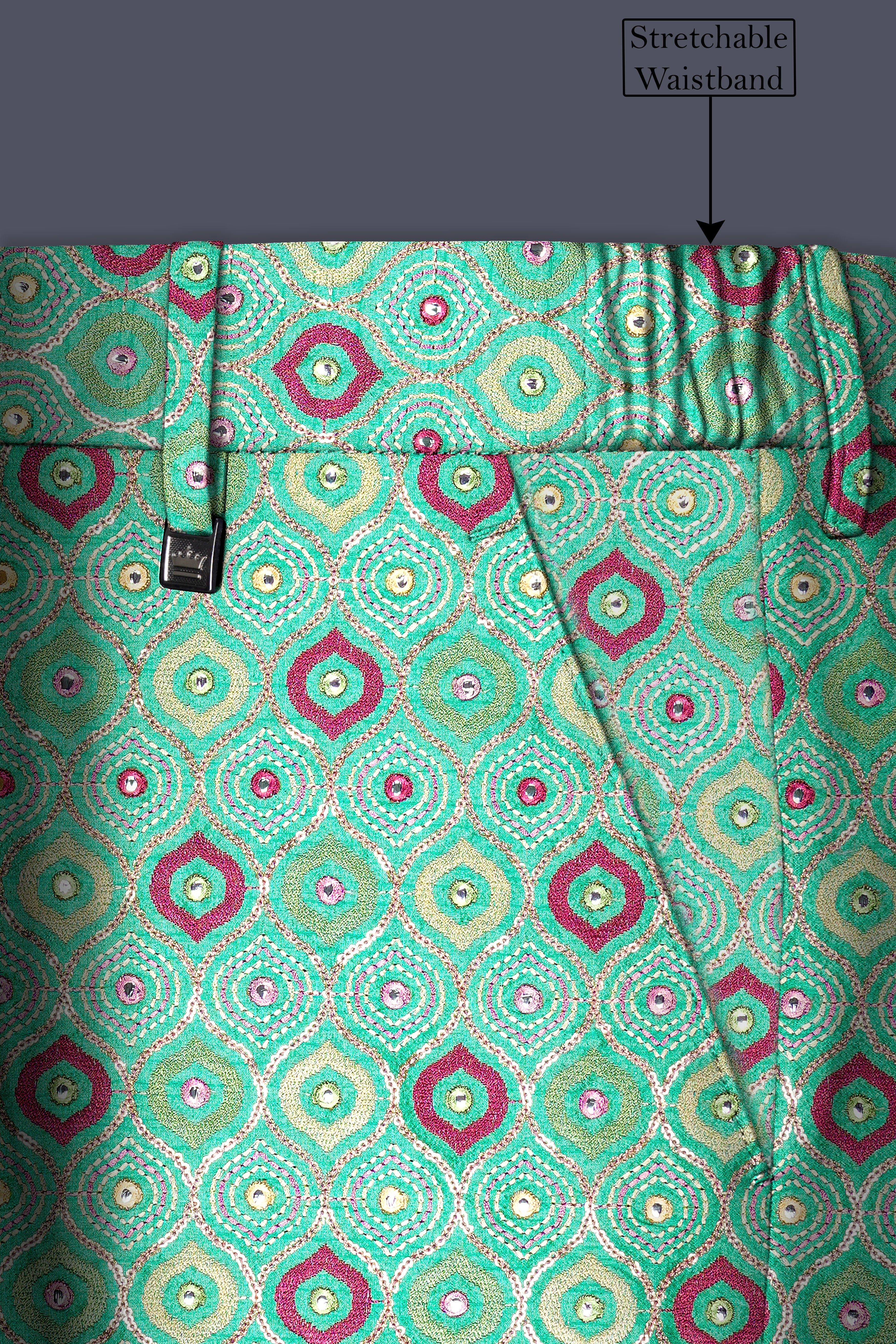 Florambre-Bermuda Green and Charm Pink Ogee Cotton Thread Embroidered Designer Tuxedo Suit