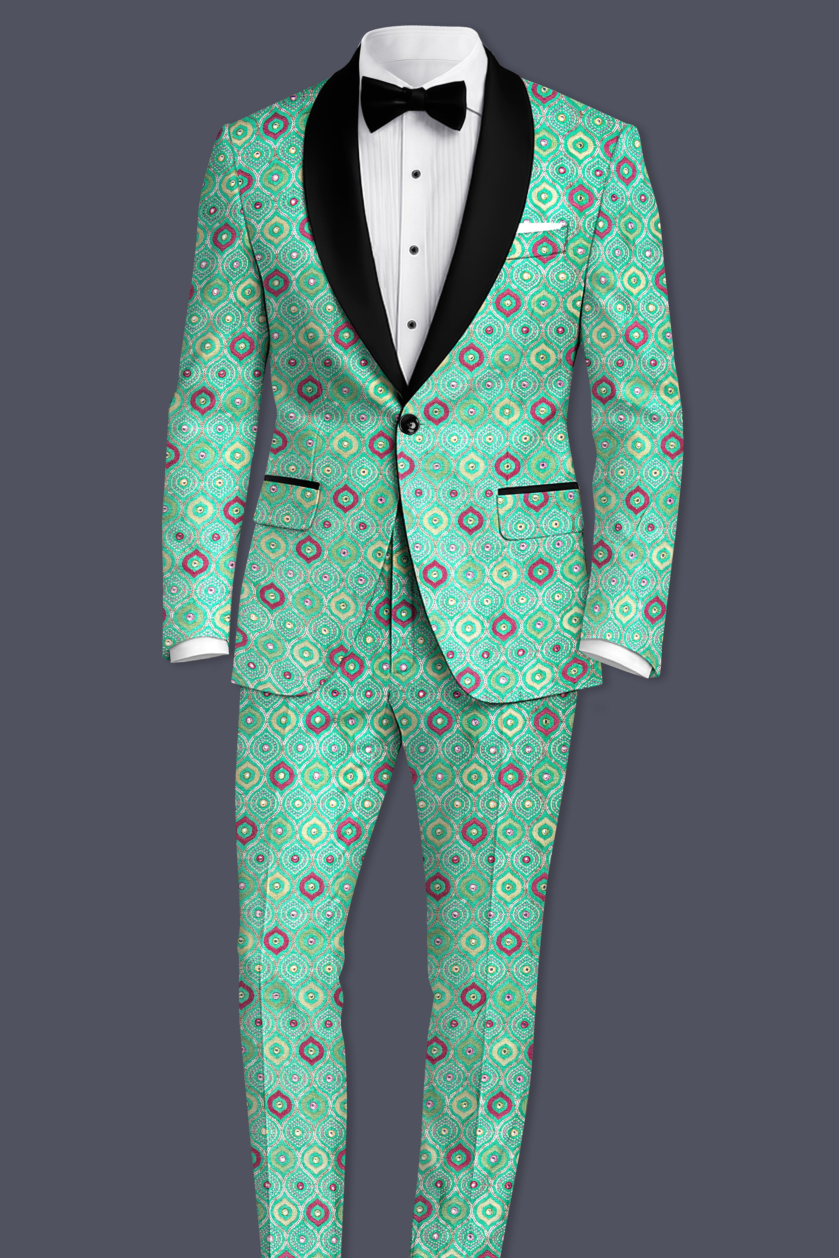 Florambre-Bermuda Green and Charm Pink Ogee Cotton Thread Embroidered Designer Tuxedo Suit