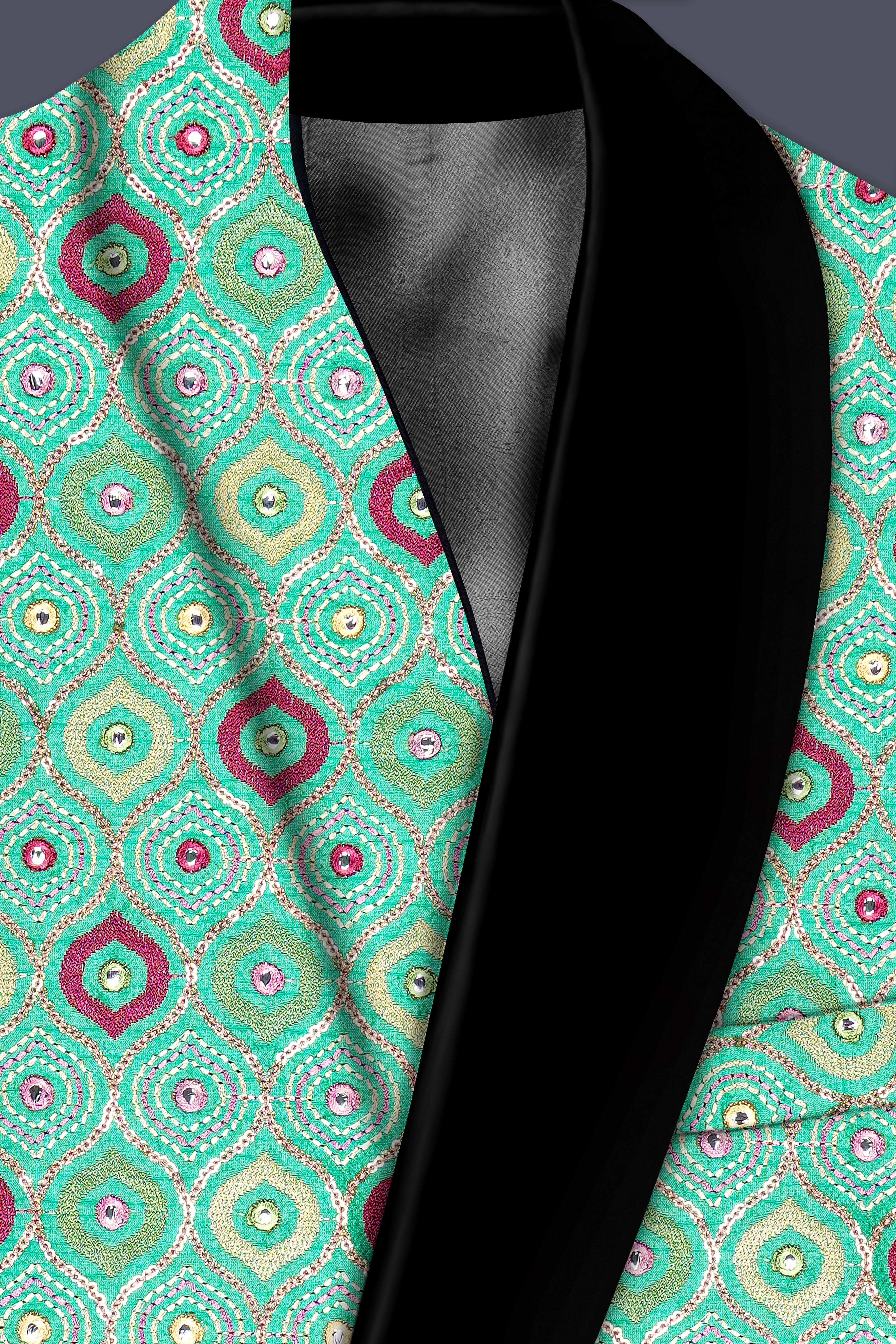 Florambre-Bermuda Green and Charm Pink Ogee Cotton Thread Embroidered Designer Tuxedo Suit