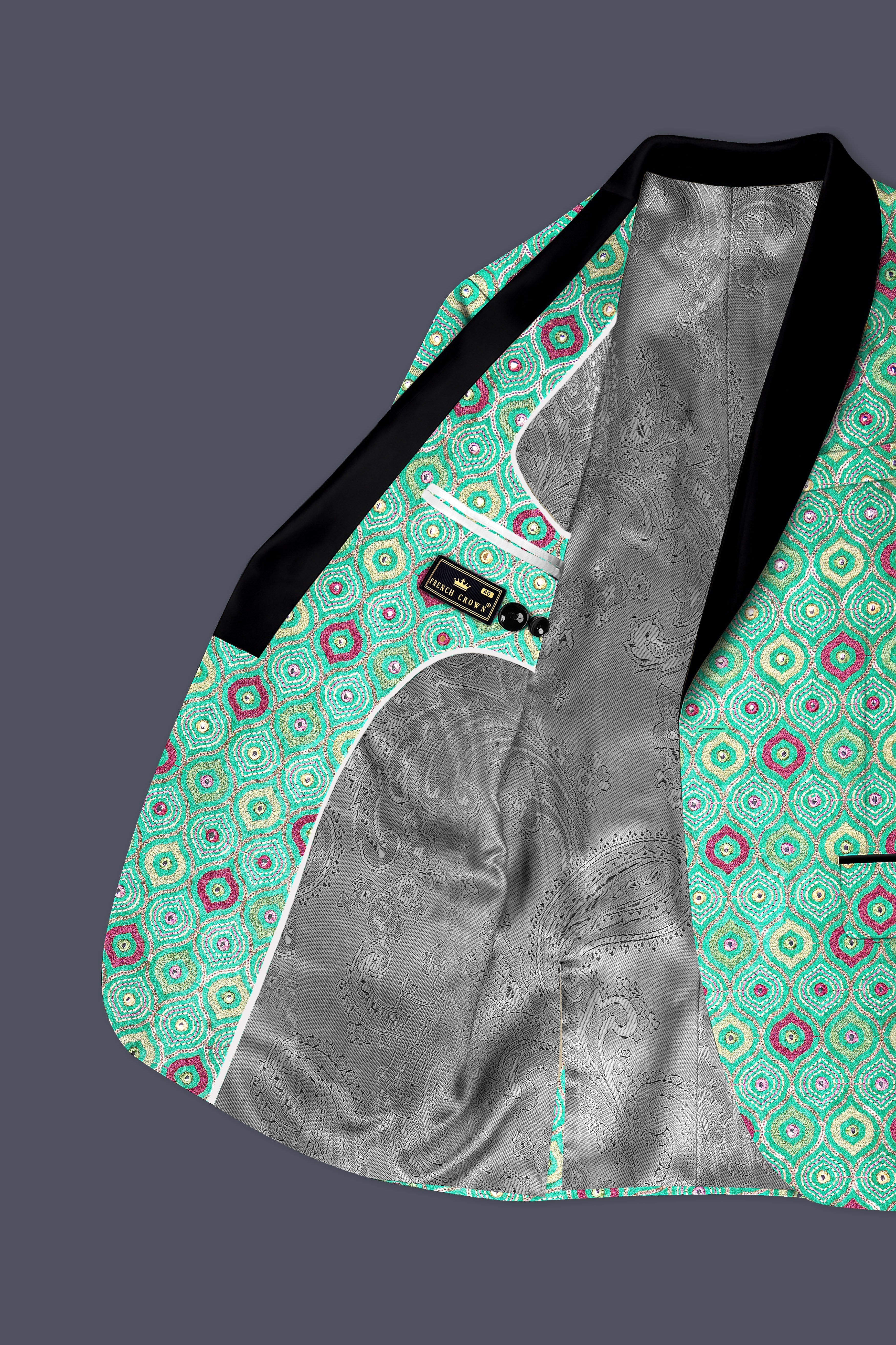 Florambre-Bermuda Green and Charm Pink Ogee Cotton Thread Embroidered Designer Tuxedo Suit
