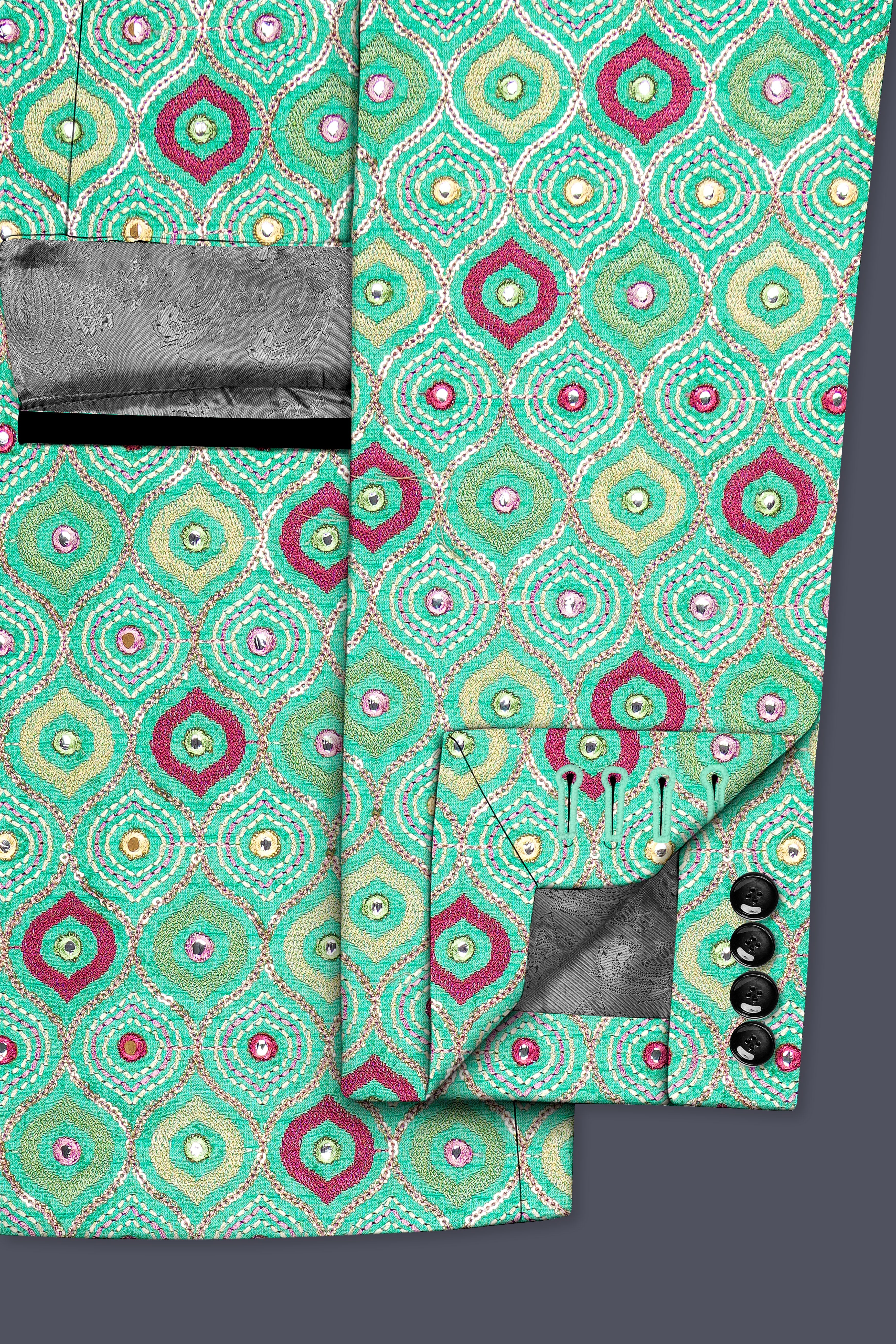 Florambre-Bermuda Green and Charm Pink Ogee Cotton Thread Embroidered Designer Tuxedo Suit
