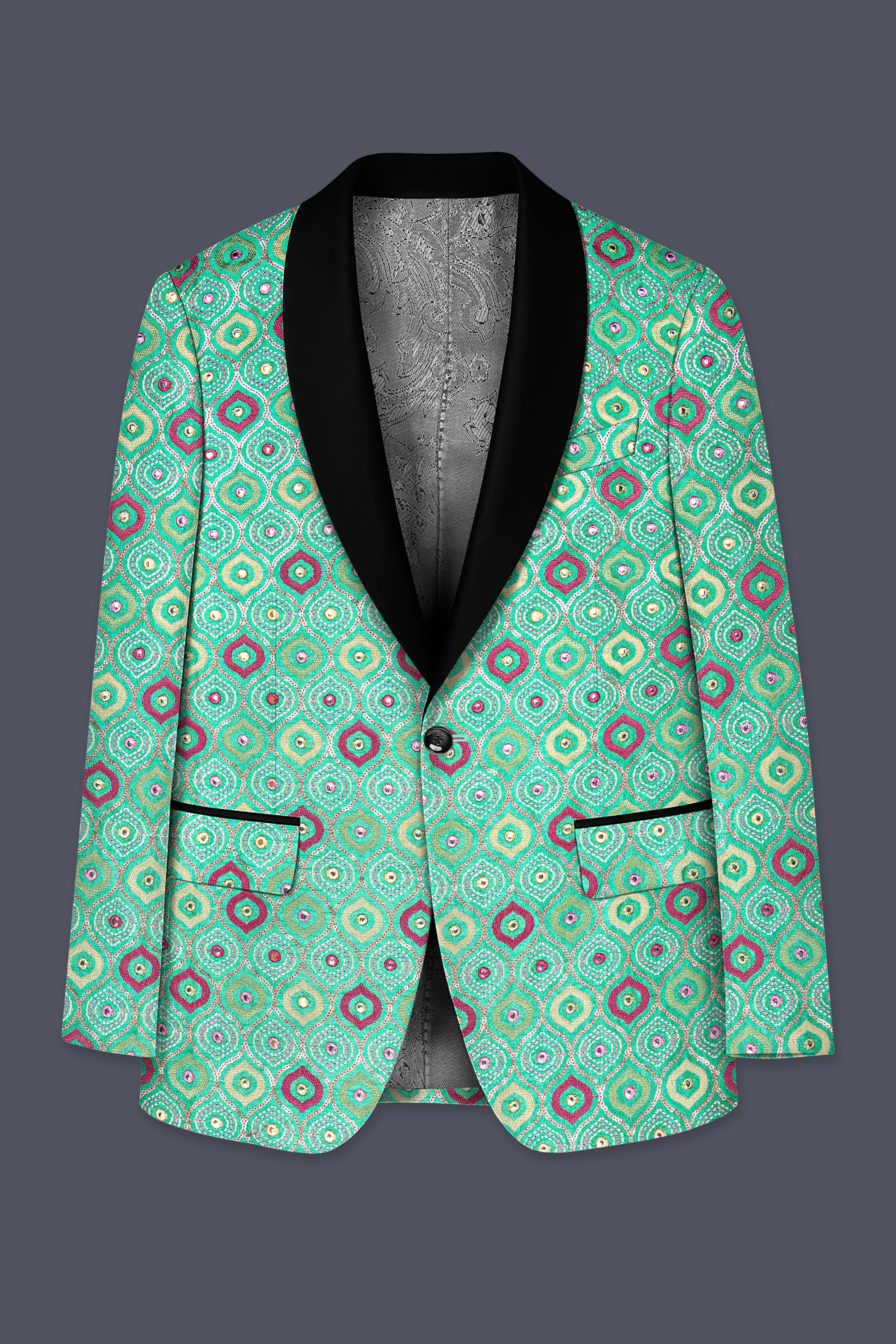 Florambre-Bermuda Green and Charm Pink Ogee Cotton Thread Embroidered Designer Tuxedo Suit