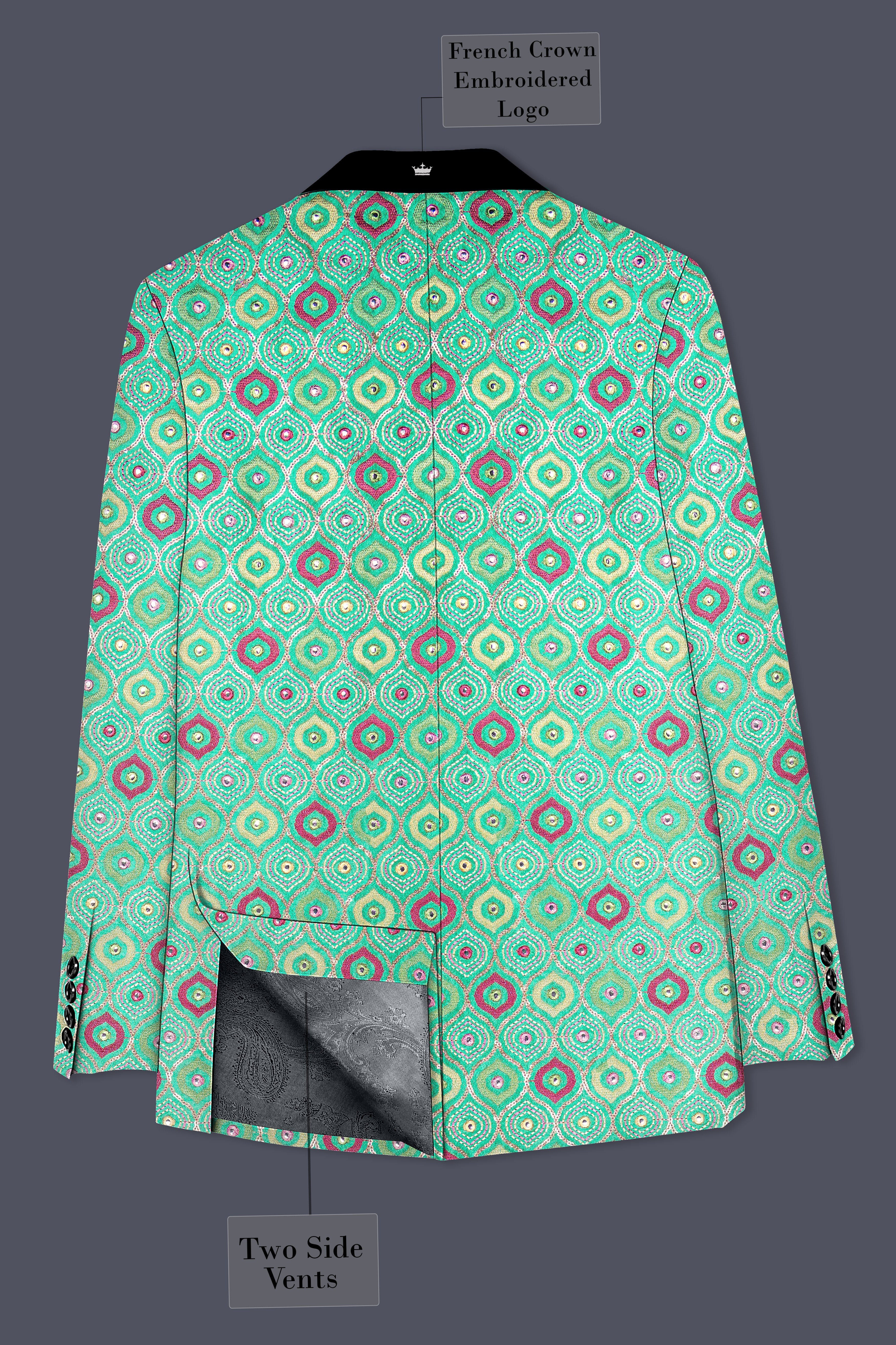 Florambre-Bermuda Green and Charm Pink Ogee Cotton Thread Embroidered Designer Tuxedo Suit