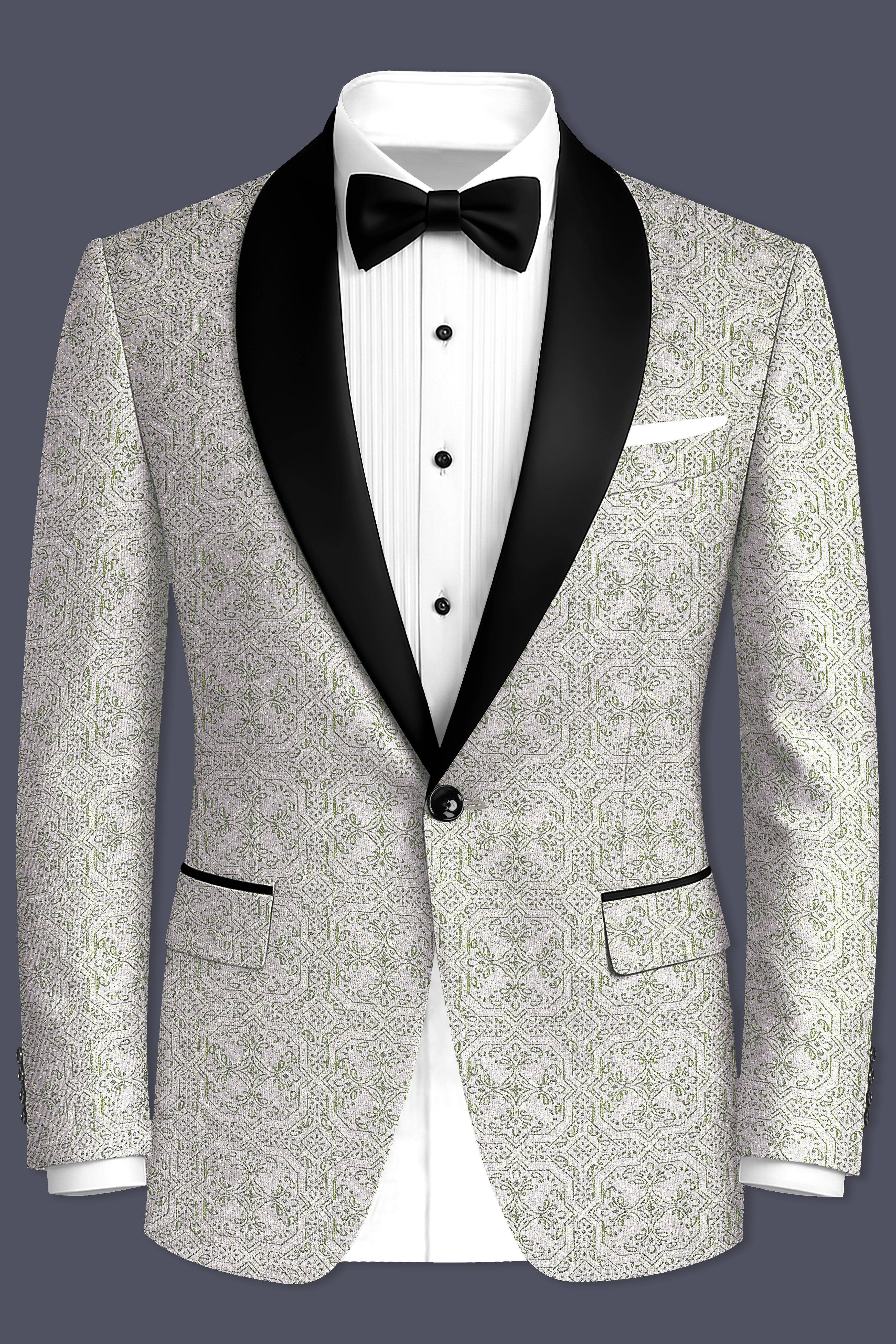 Gravino-Gainsboro Gray and Sage Green Geometric Jacquard Textured Designer Tuxedo Suit