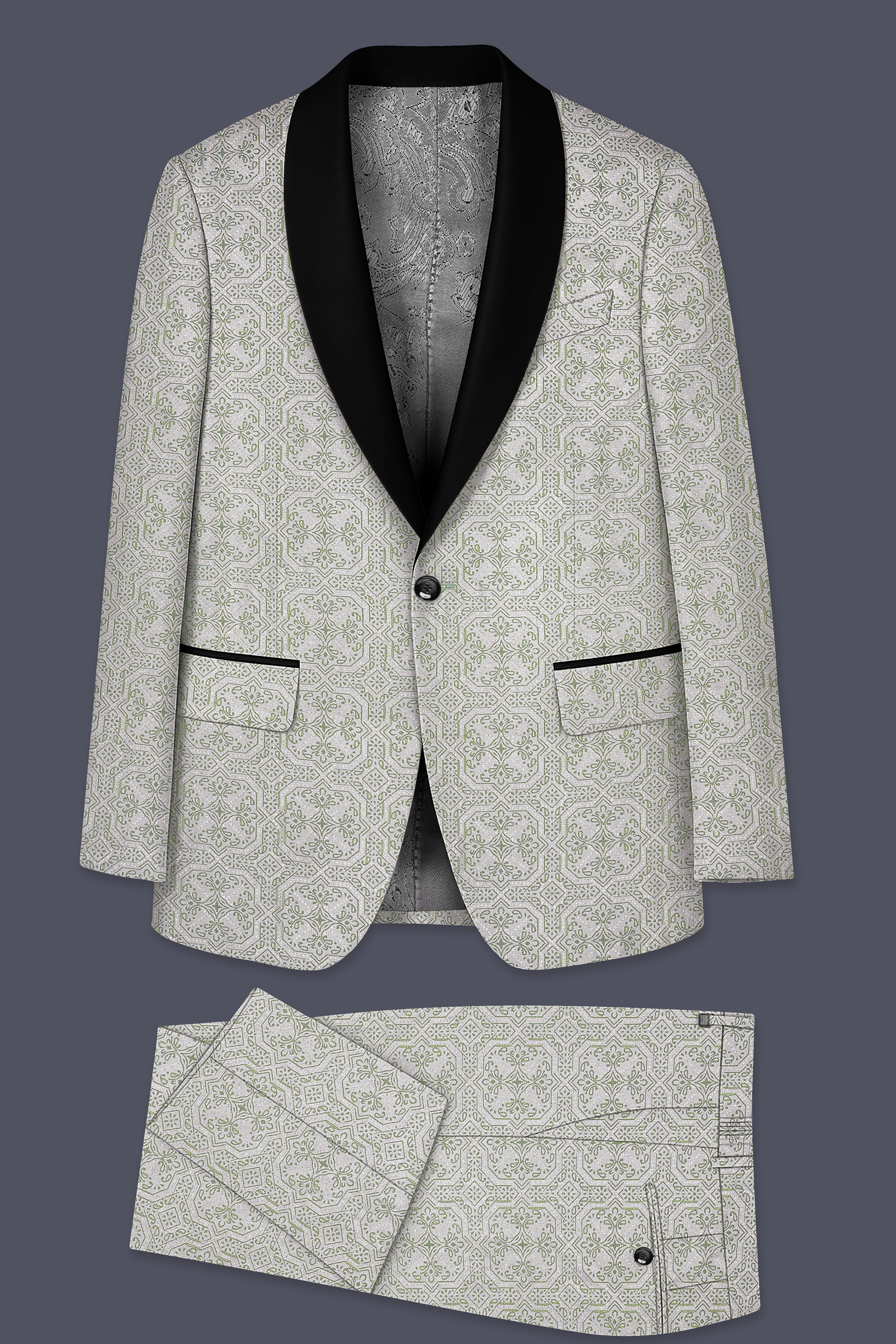 Gravino-Gainsboro Gray and Sage Green Geometric Jacquard Textured Designer Tuxedo Suit