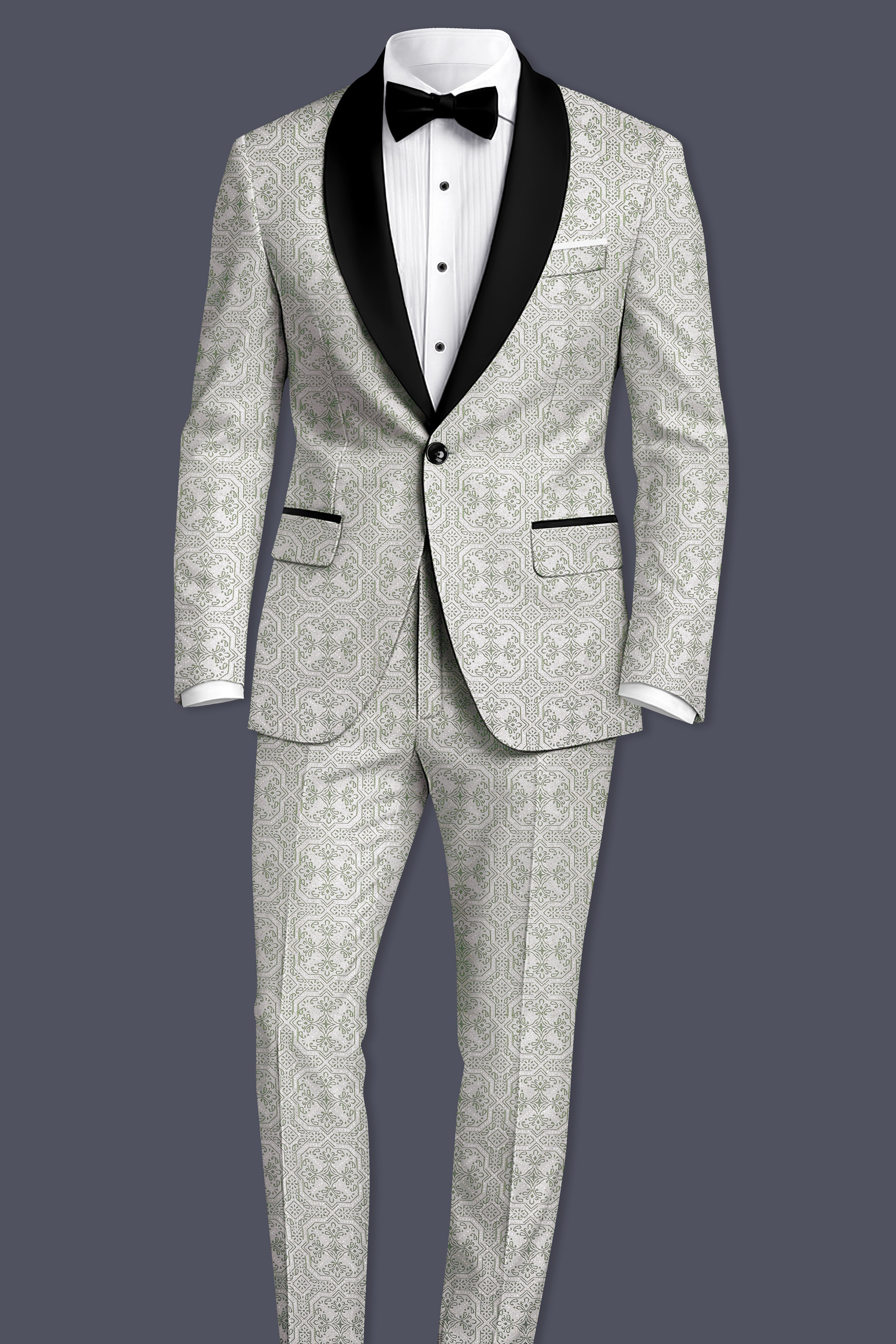 Gravino-Gainsboro Gray and Sage Green Geometric Jacquard Textured Designer Tuxedo Suit