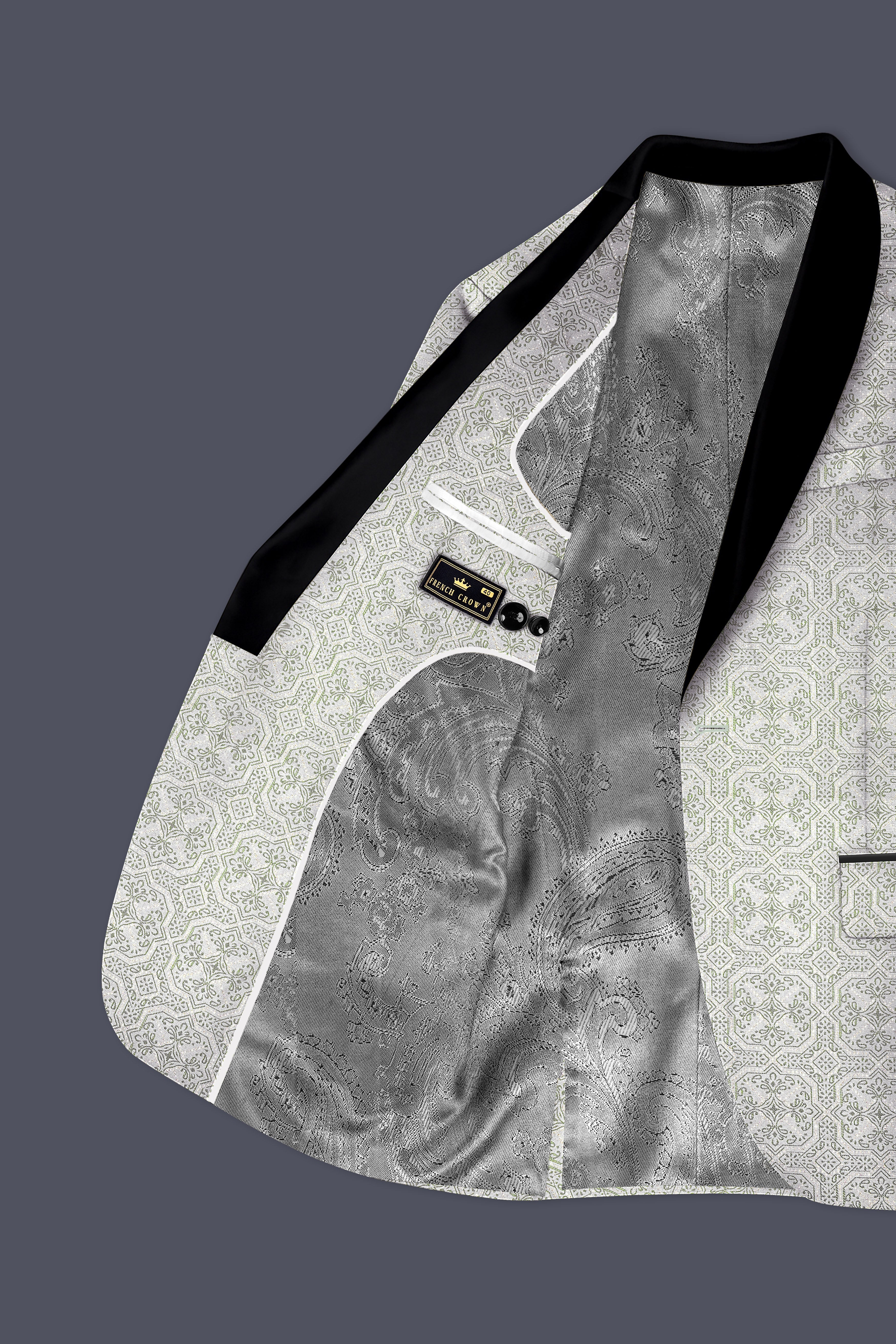 Gravino-Gainsboro Gray and Sage Green Geometric Jacquard Textured Designer Tuxedo Suit