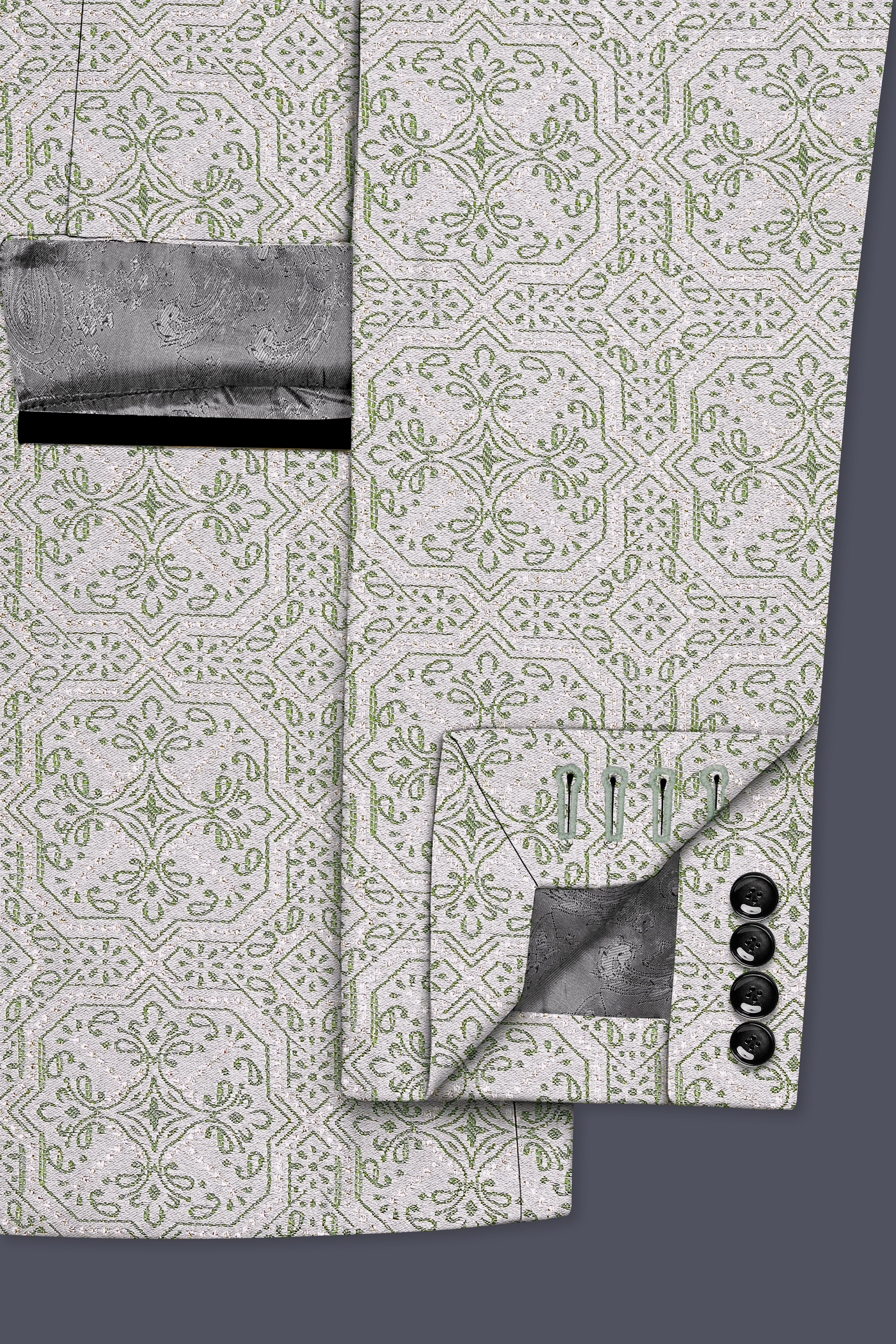 Gravino-Gainsboro Gray and Sage Green Geometric Jacquard Textured Designer Tuxedo Suit