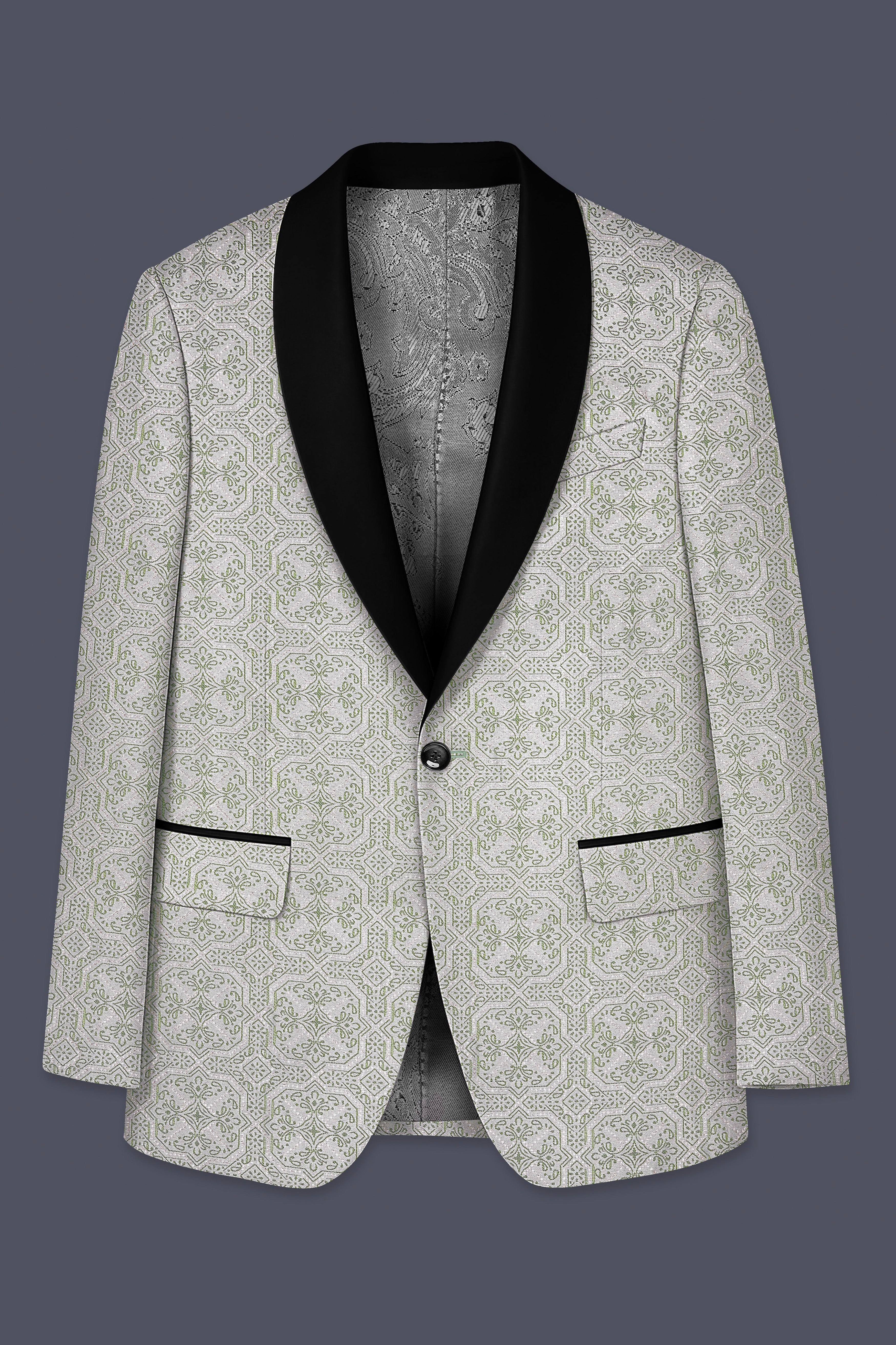 Gravino-Gainsboro Gray and Sage Green Geometric Jacquard Textured Designer Tuxedo Suit