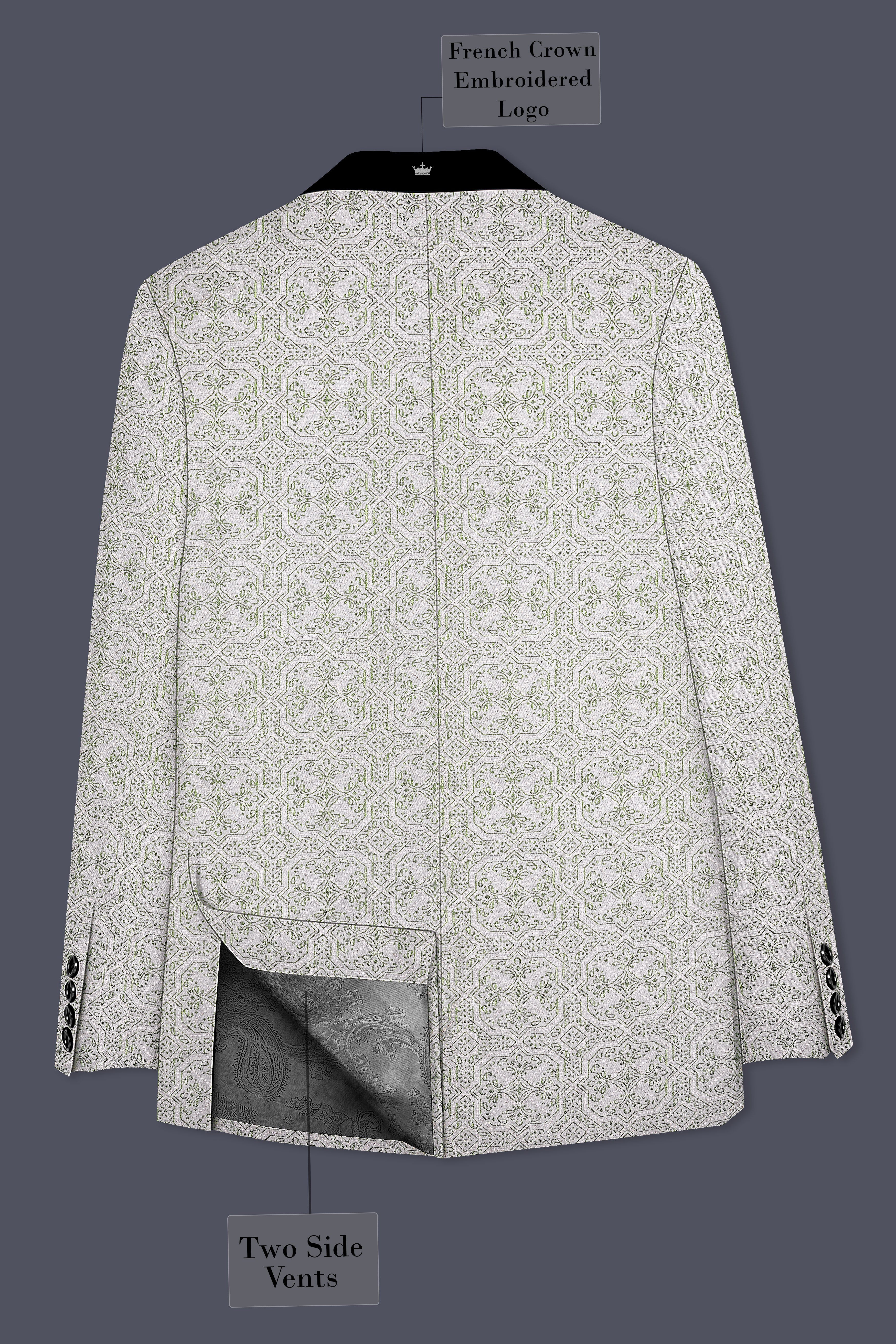 Gravino-Gainsboro Gray and Sage Green Geometric Jacquard Textured Designer Tuxedo Suit