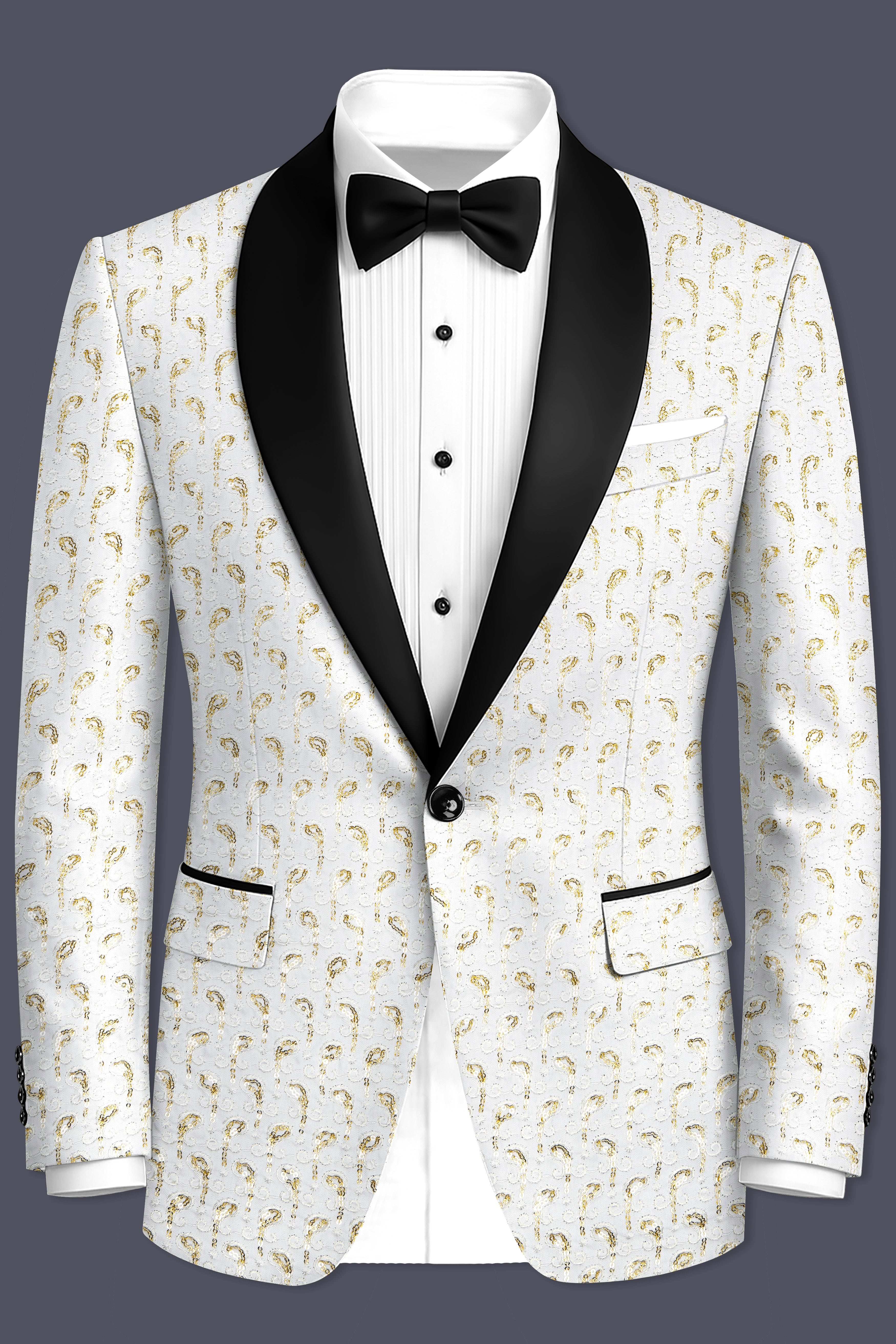 Sequenza-Bright White Leaves Pattern Sequin Embroidered Viscose Designer Tuxedo Suit