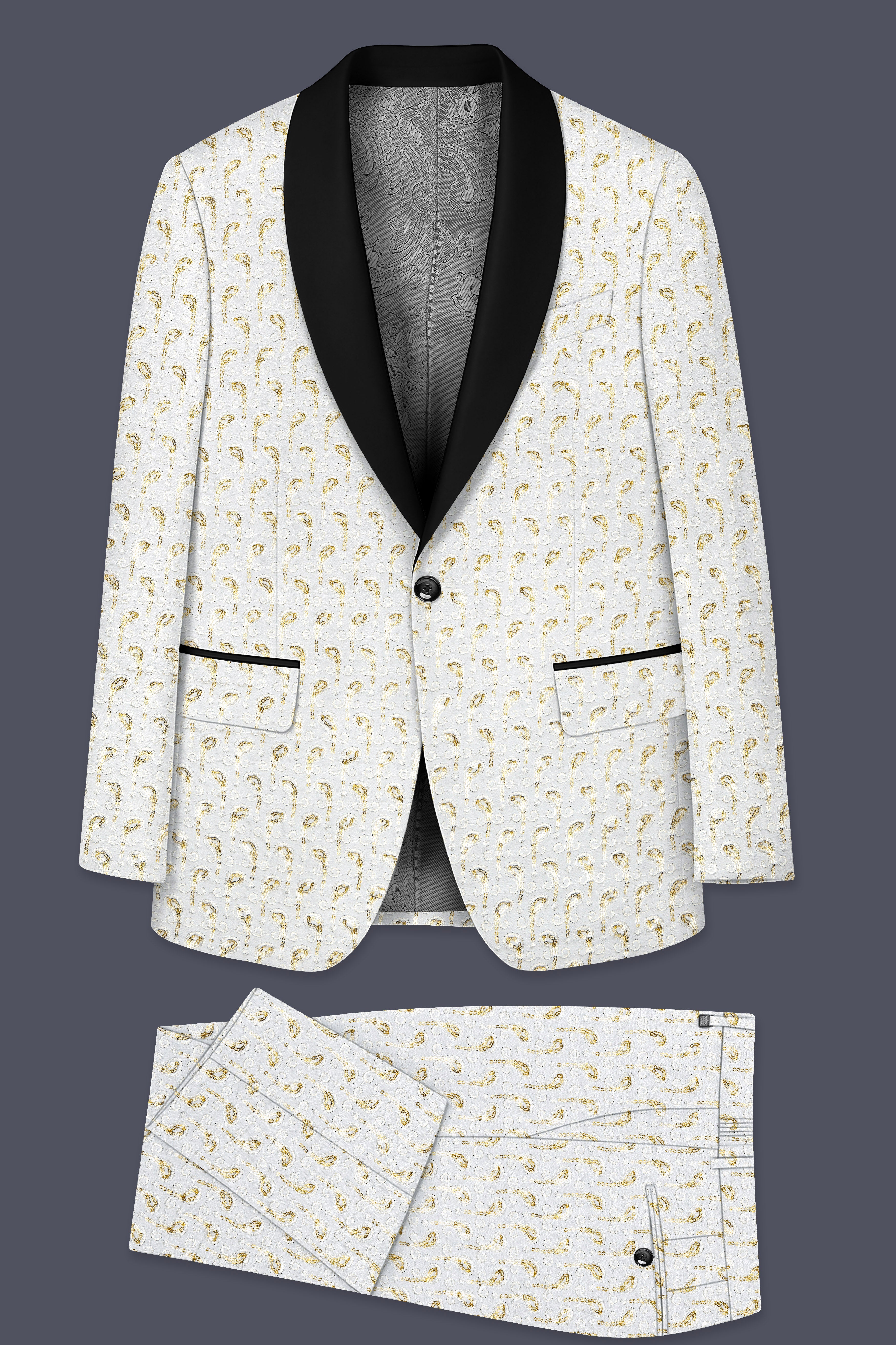 Sequenza-Bright White Leaves Pattern Sequin Embroidered Viscose Designer Tuxedo Suit