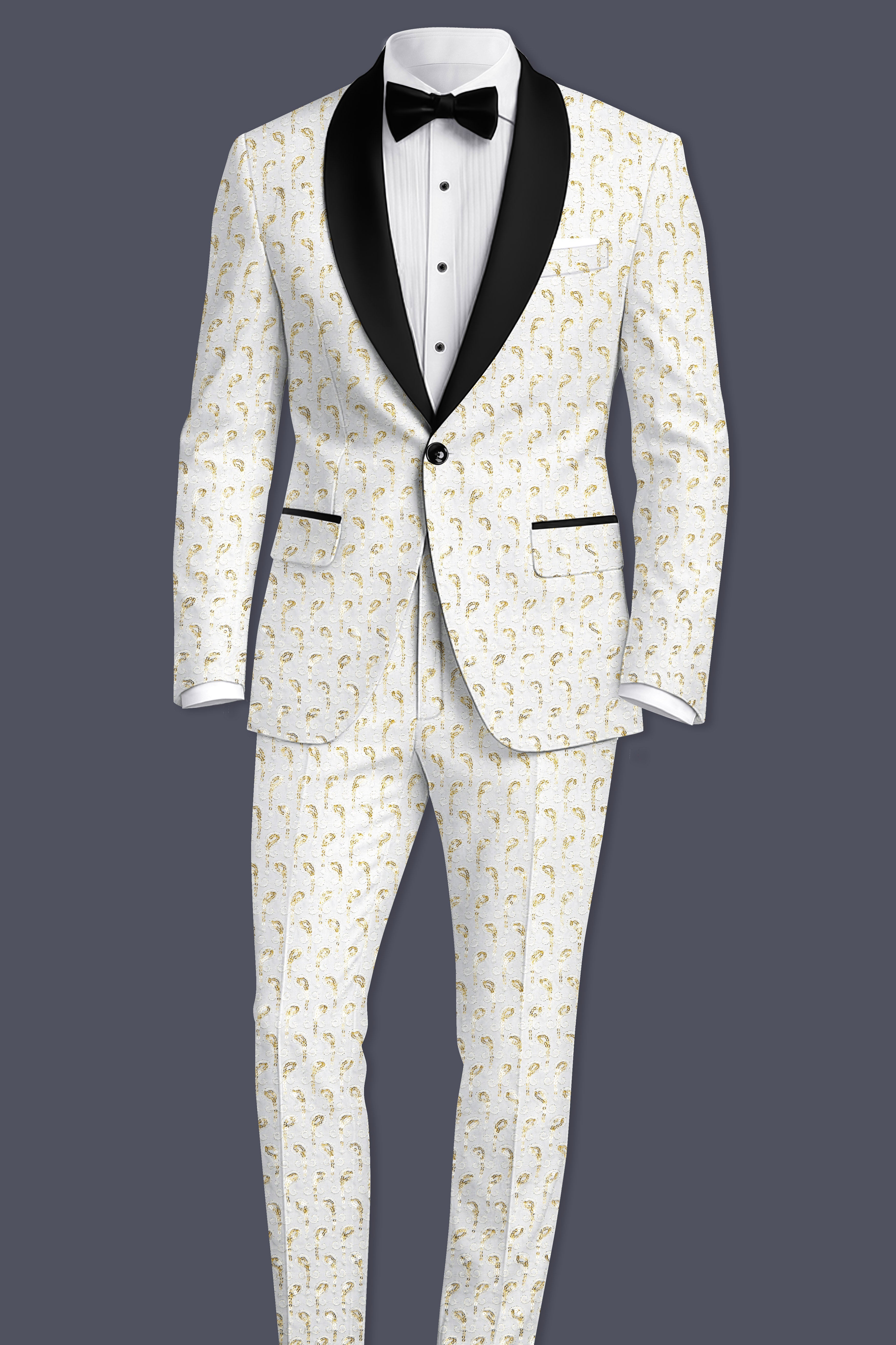Sequenza-Bright White Leaves Pattern Sequin Embroidered Viscose Designer Tuxedo Suit