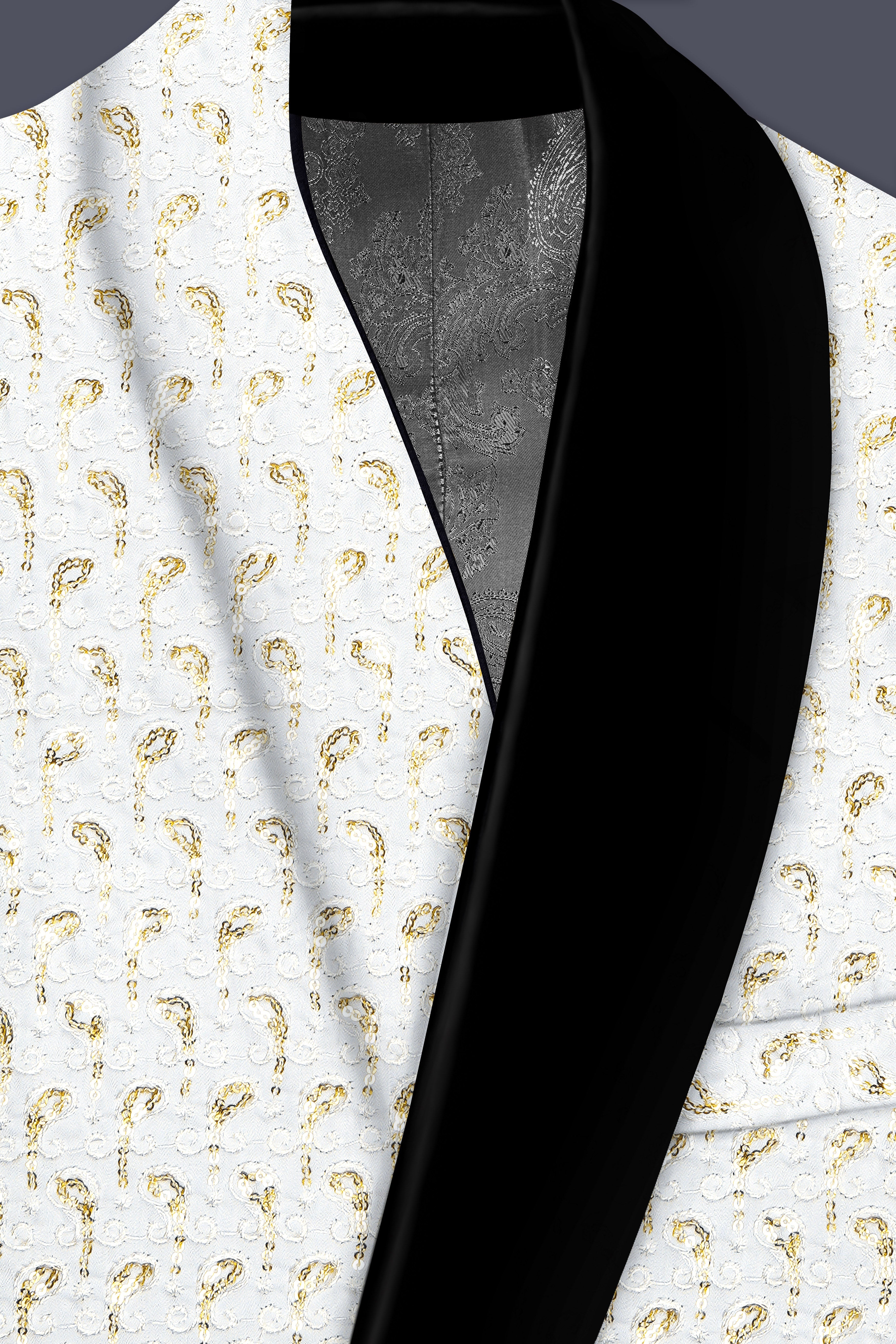 Sequenza-Bright White Leaves Pattern Sequin Embroidered Viscose Designer Tuxedo Suit