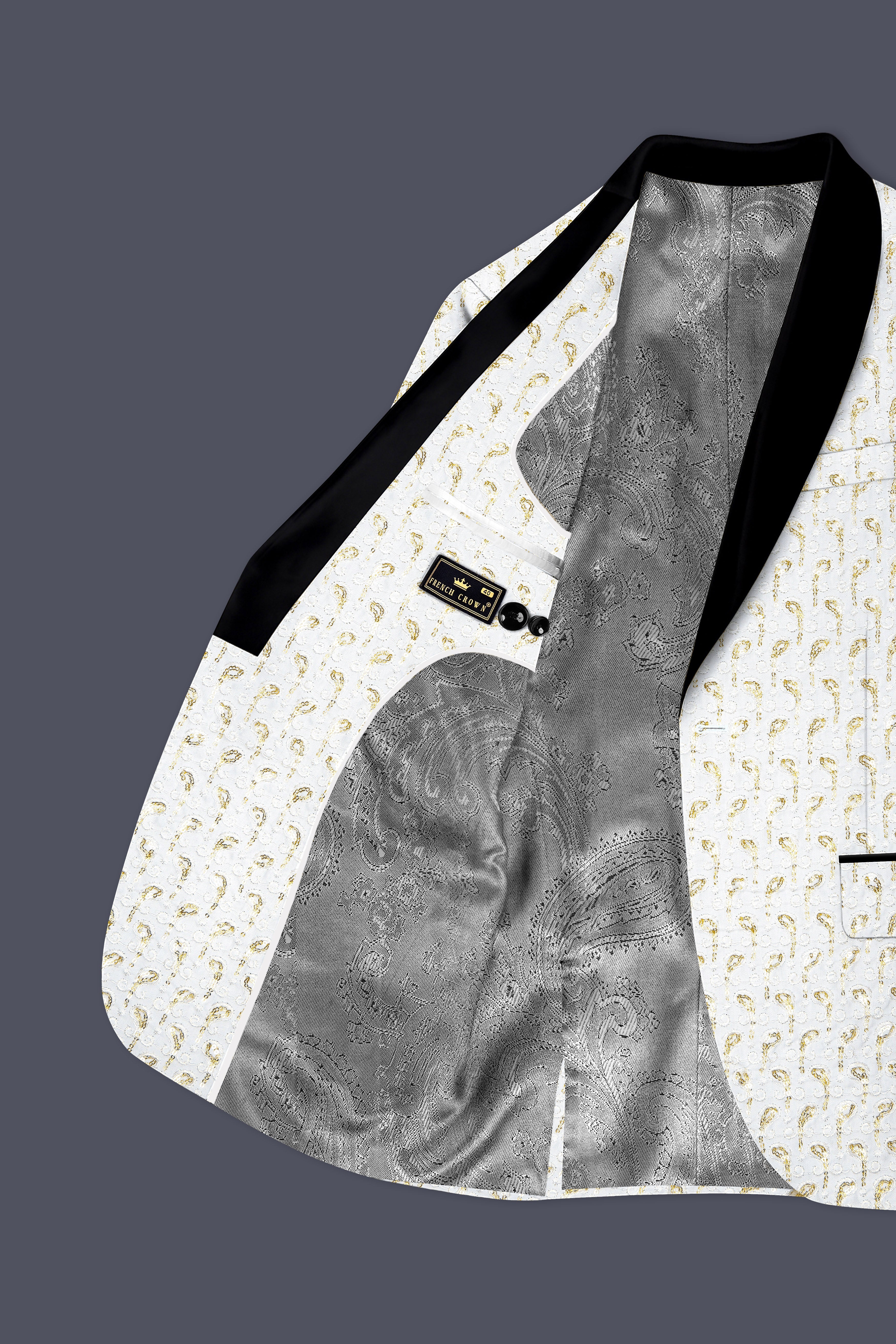 Sequenza-Bright White Leaves Pattern Sequin Embroidered Viscose Designer Tuxedo Suit