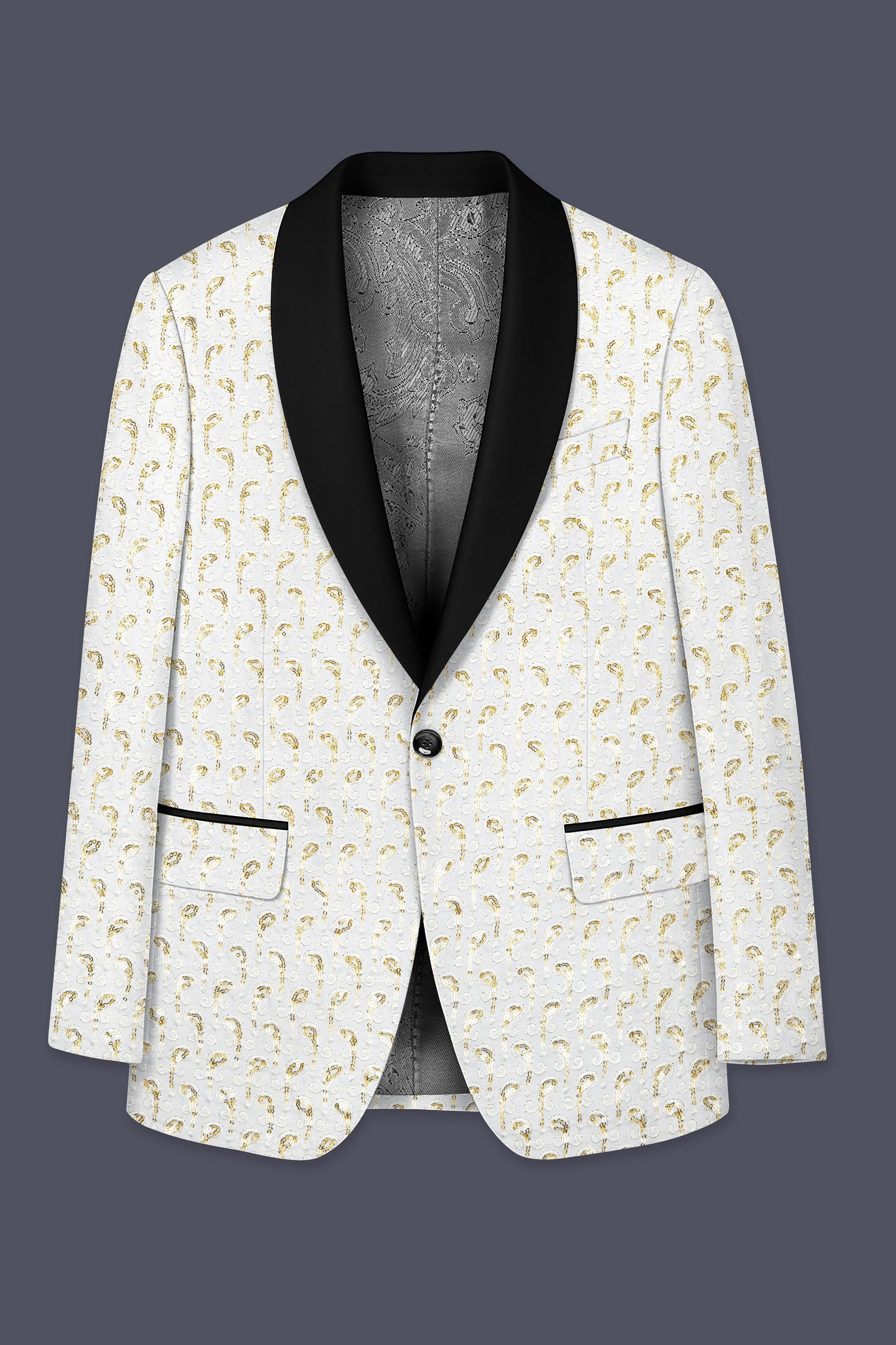 Sequenza-Bright White Leaves Pattern Sequin Embroidered Viscose Designer Tuxedo Suit