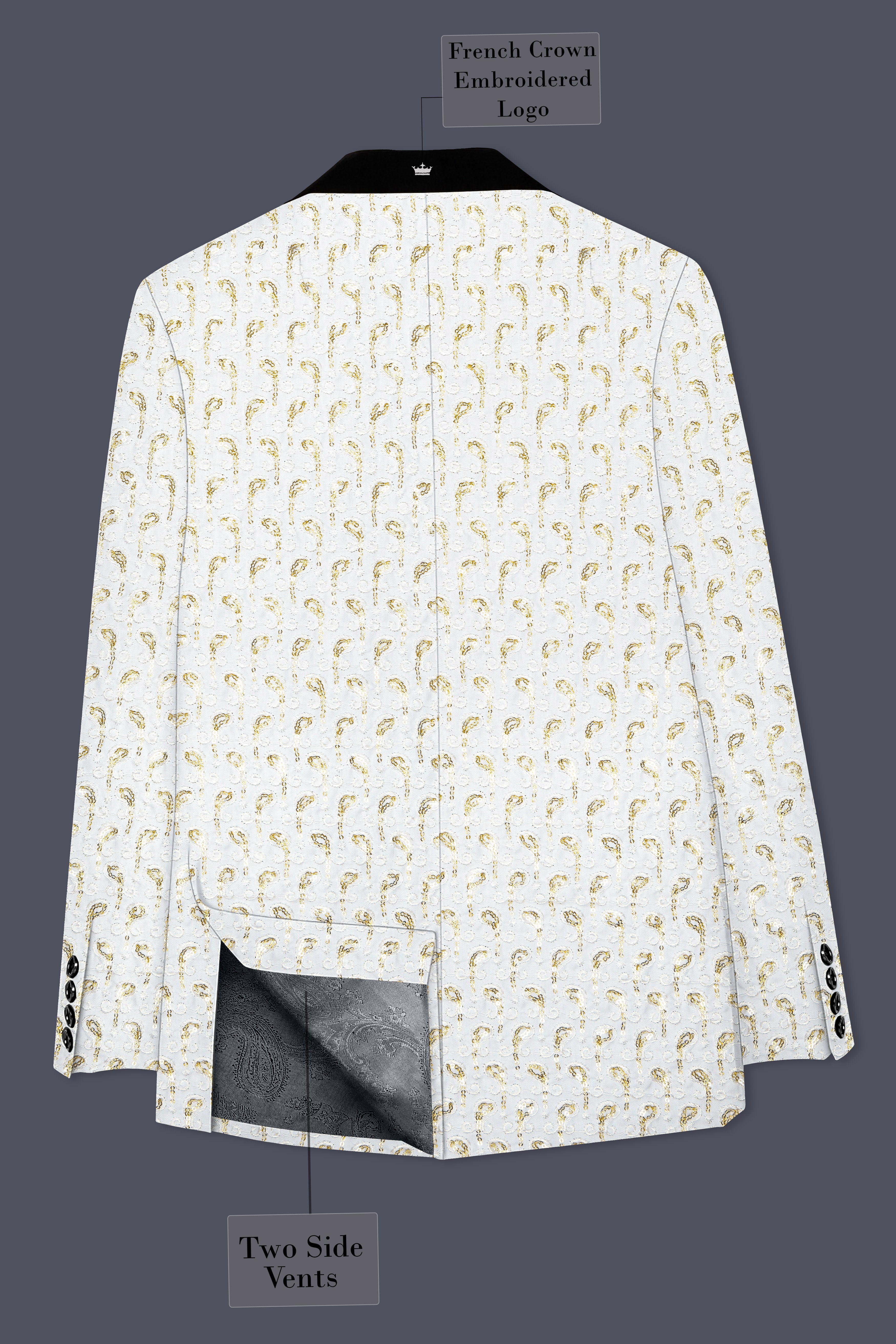 Sequenza-Bright White Leaves Pattern Sequin Embroidered Viscose Designer Tuxedo Suit
