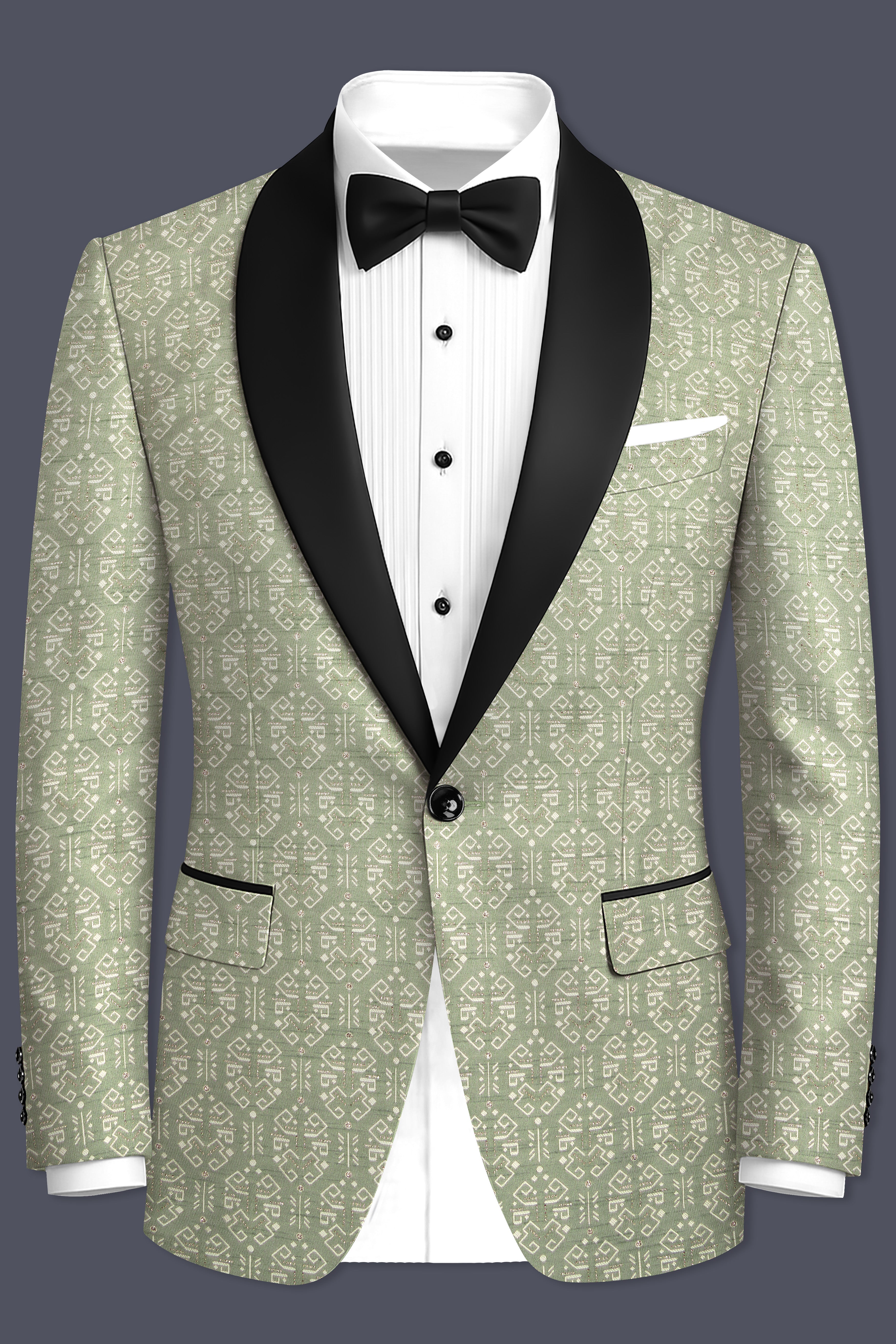 Verlino-Pumice Green and White Jacquard Textured Designer Tuxedo Suit