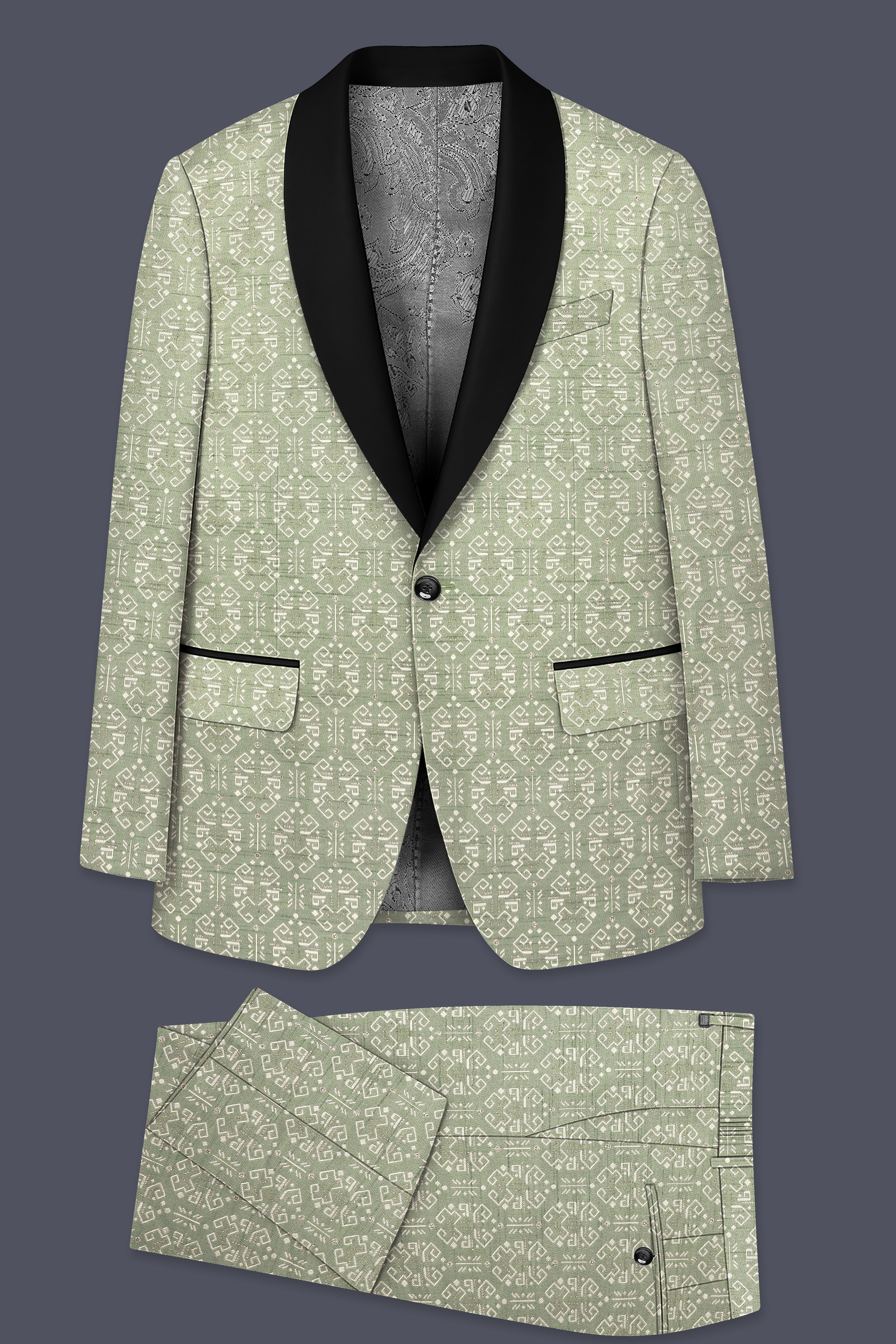 Verlino-Pumice Green and White Jacquard Textured Designer Tuxedo Suit