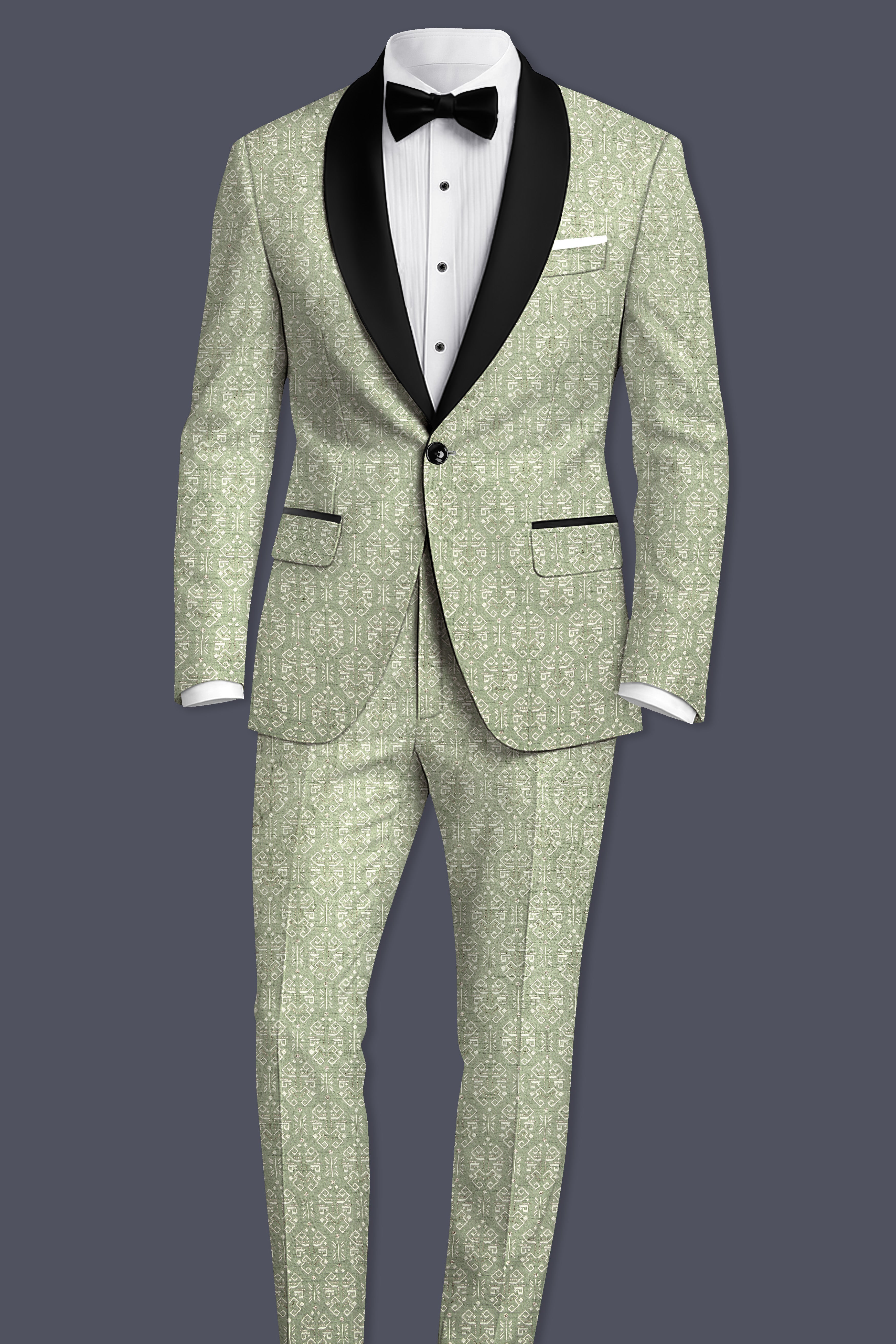 Verlino-Pumice Green and White Jacquard Textured Designer Tuxedo Suit