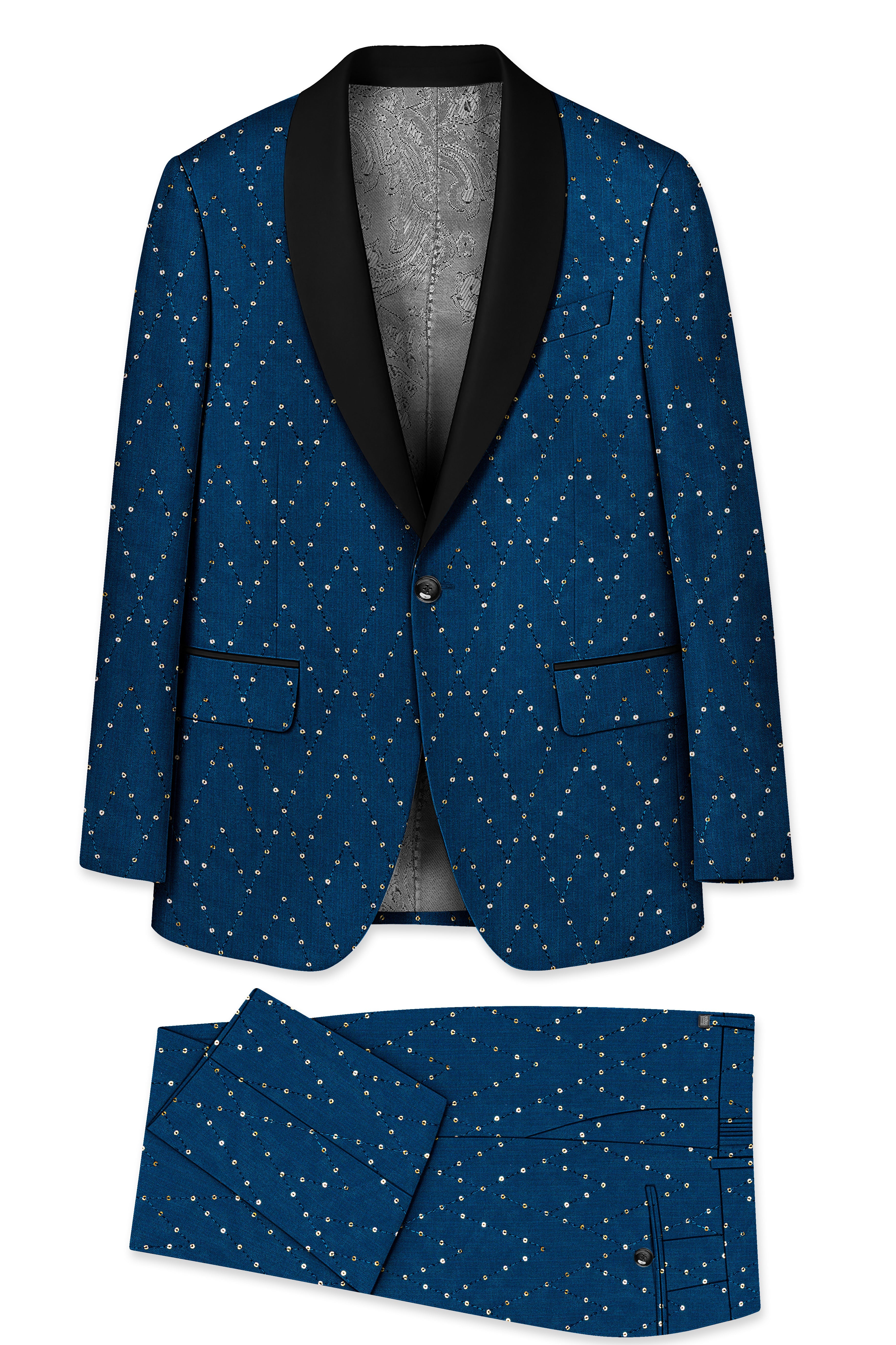 Aureven-Venice Blue Embroidered Viscose Tikki Work Designer Tuxedo Suit