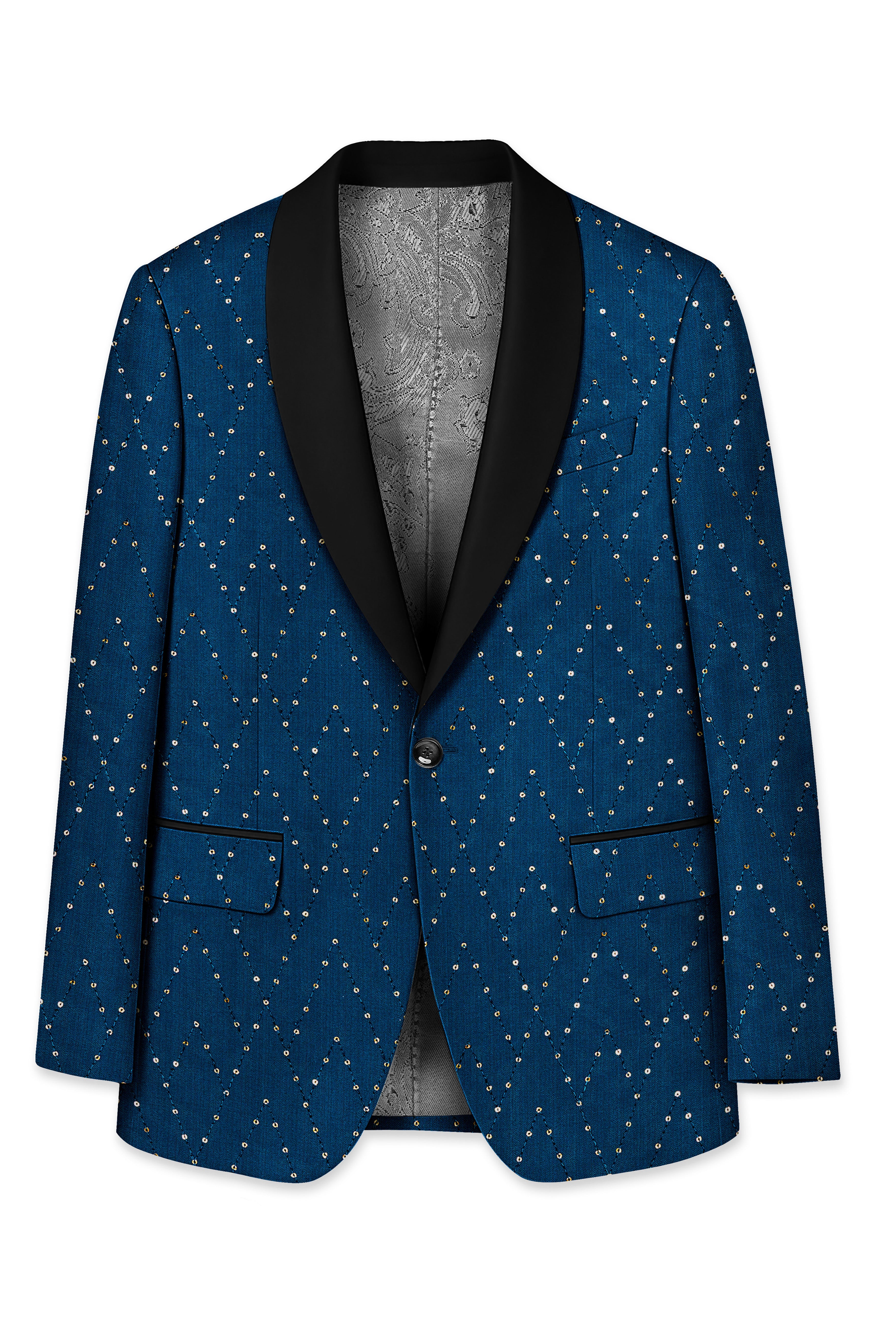 Aureven-Venice Blue Embroidered Viscose Tikki Work Designer Tuxedo Suit