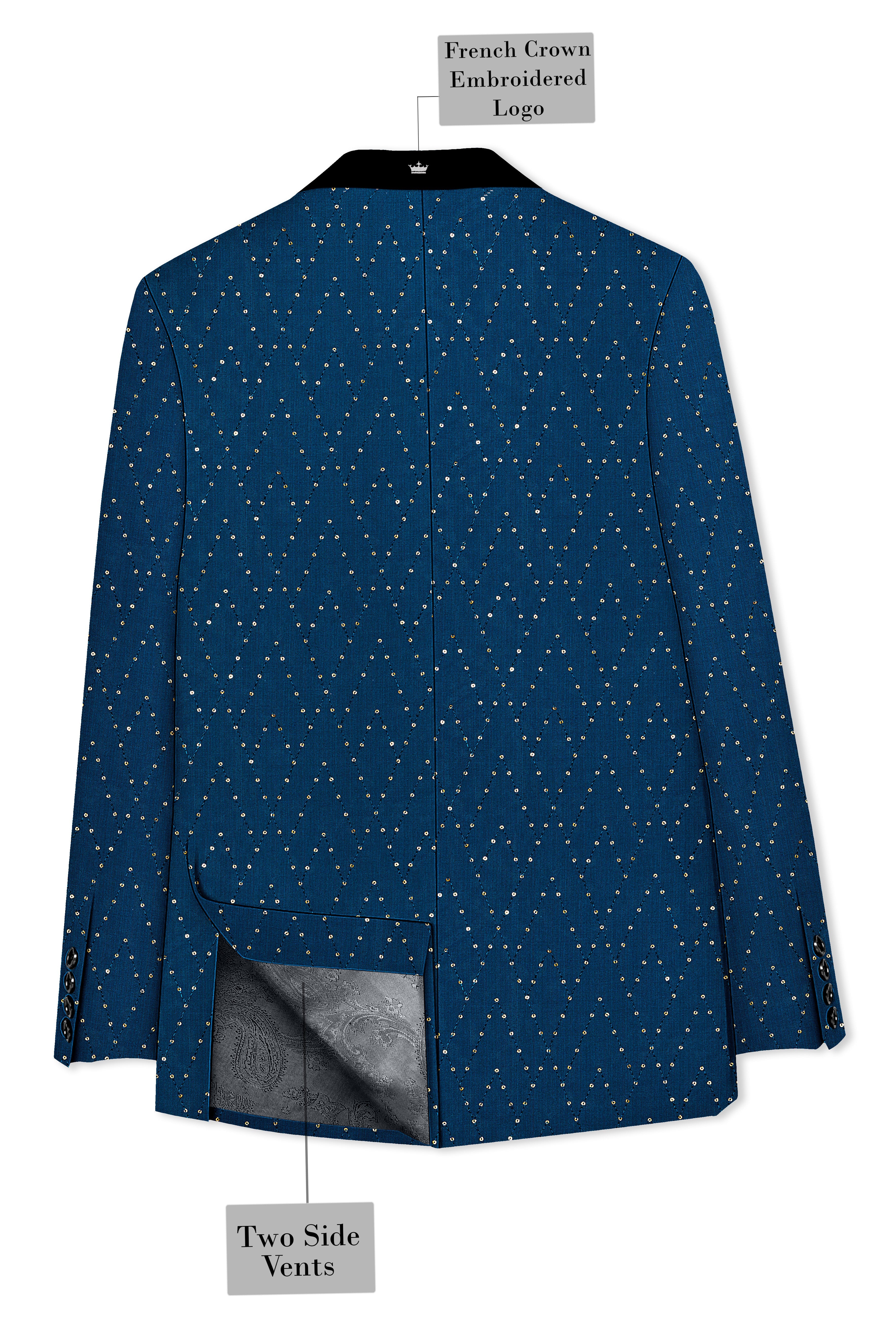Aureven-Venice Blue Embroidered Viscose Tikki Work Designer Tuxedo Suit