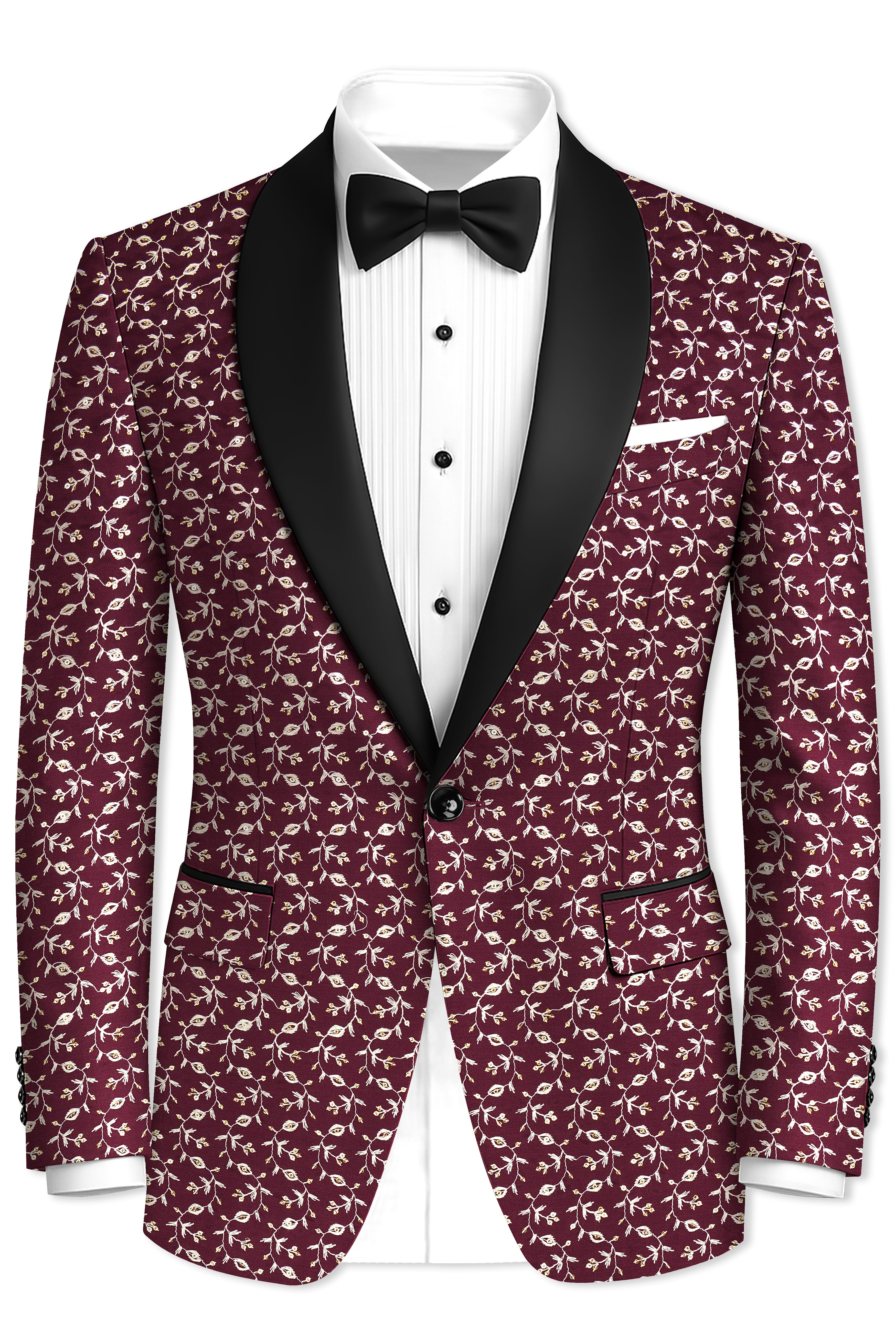 Rosencia-Mulberry Maroon Viscose Ditsy Embroidered With Tikki Work Designer Tuxedo Suit