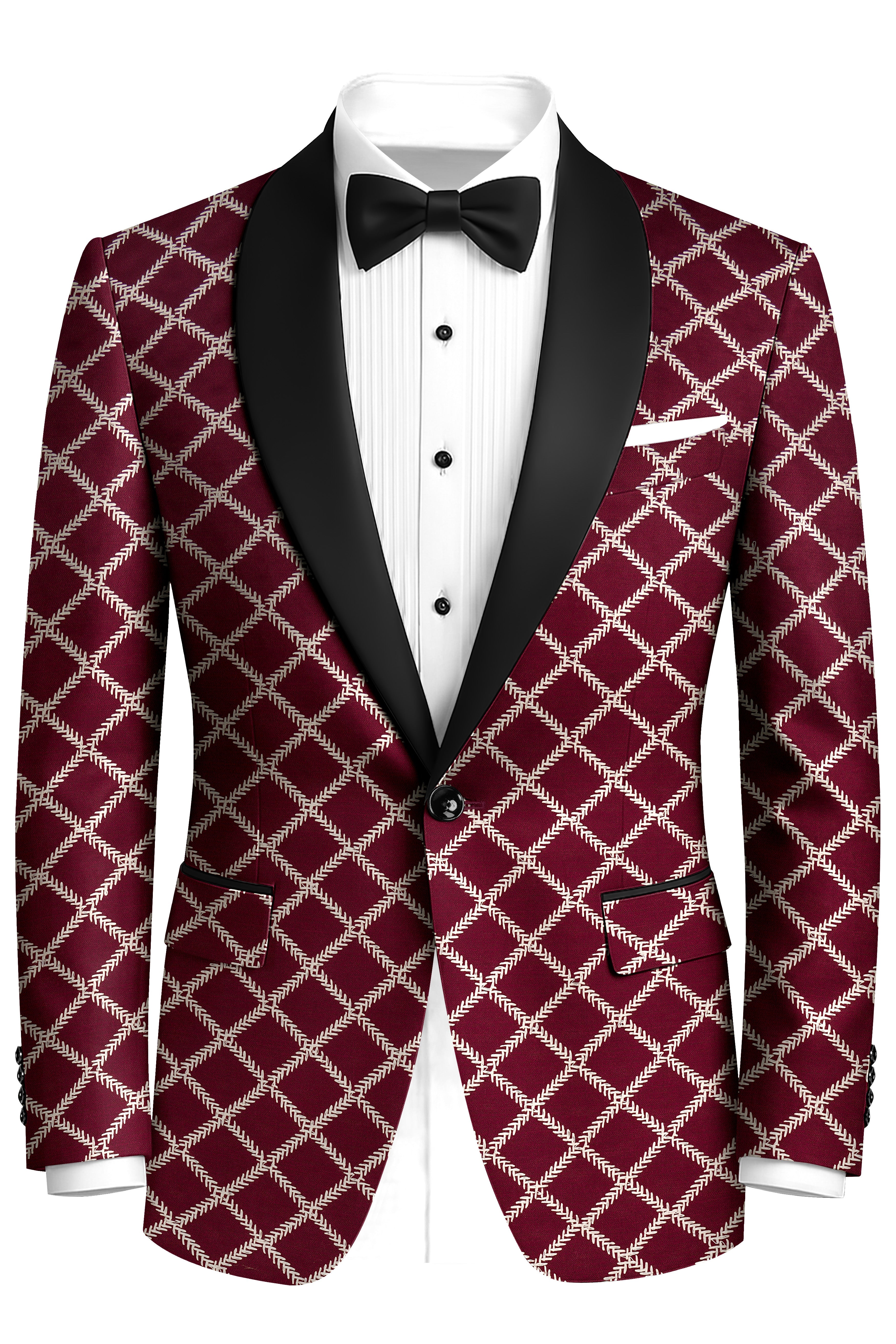 Viscara-Aubergine Maroon Geometric Pattern Thread Embroidered Viscose Designer Tuxedo Suit
