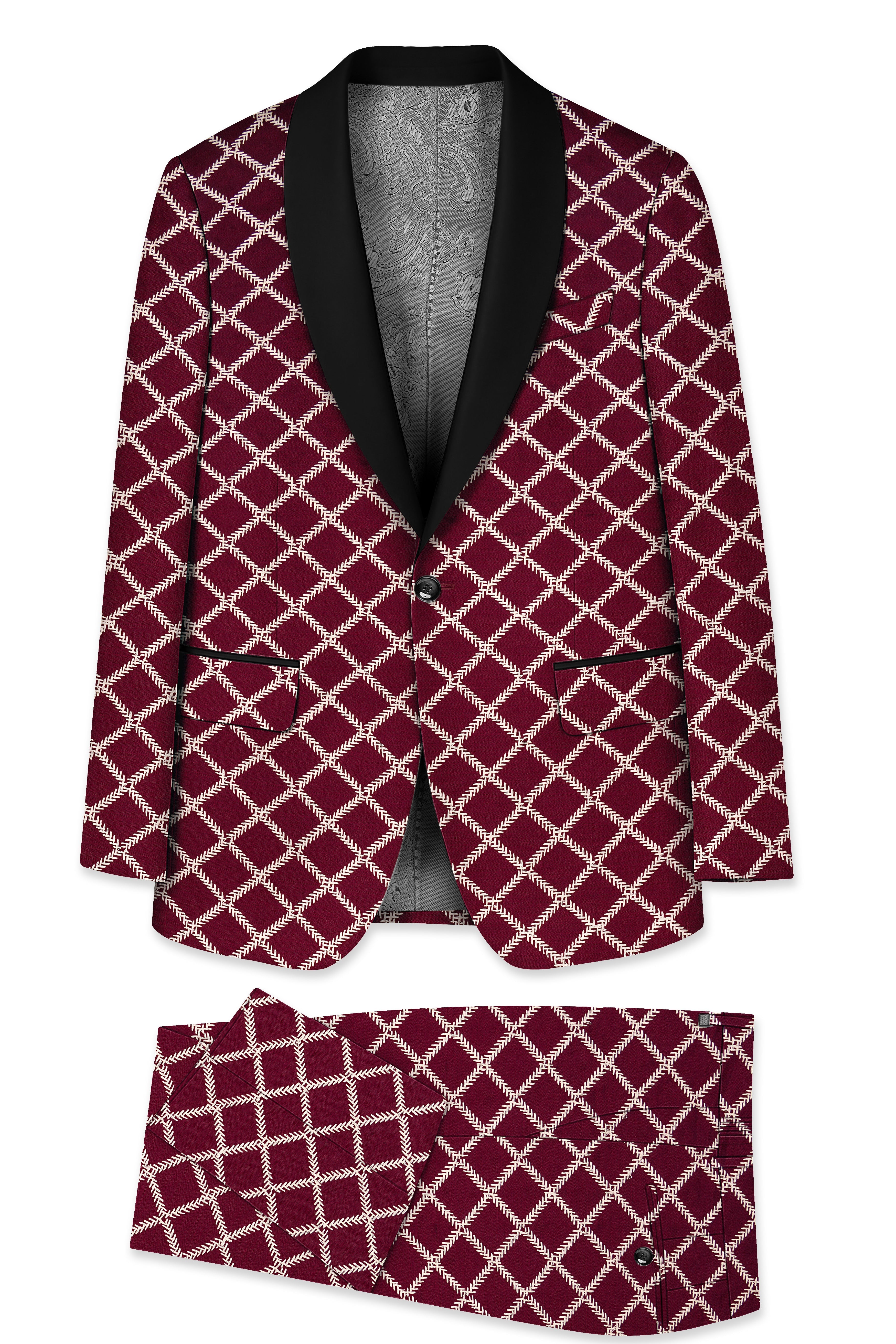 Viscara-Aubergine Maroon Geometric Pattern Thread Embroidered Viscose Designer Tuxedo Suit