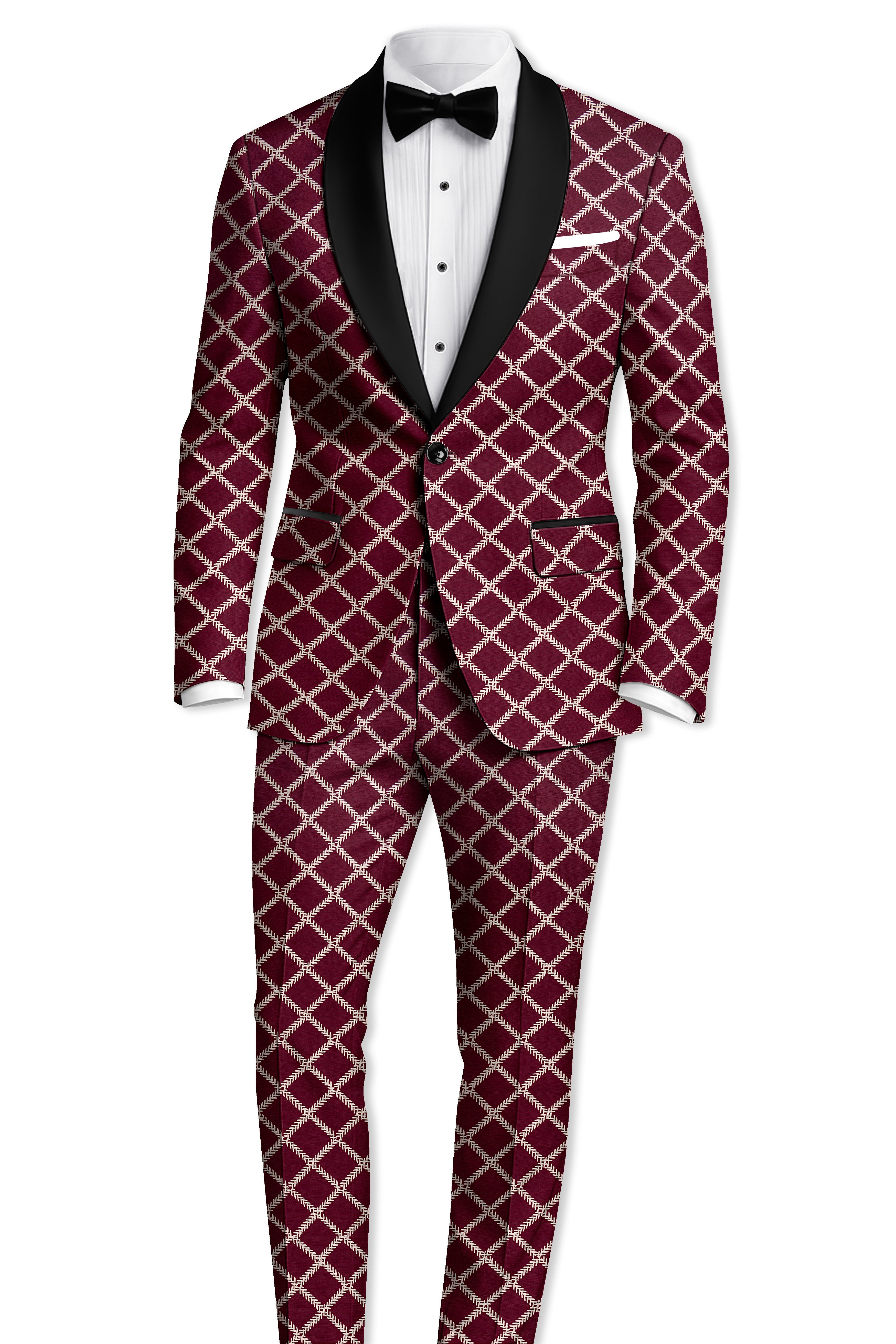Viscara-Aubergine Maroon Geometric Pattern Thread Embroidered Viscose Designer Tuxedo Suit