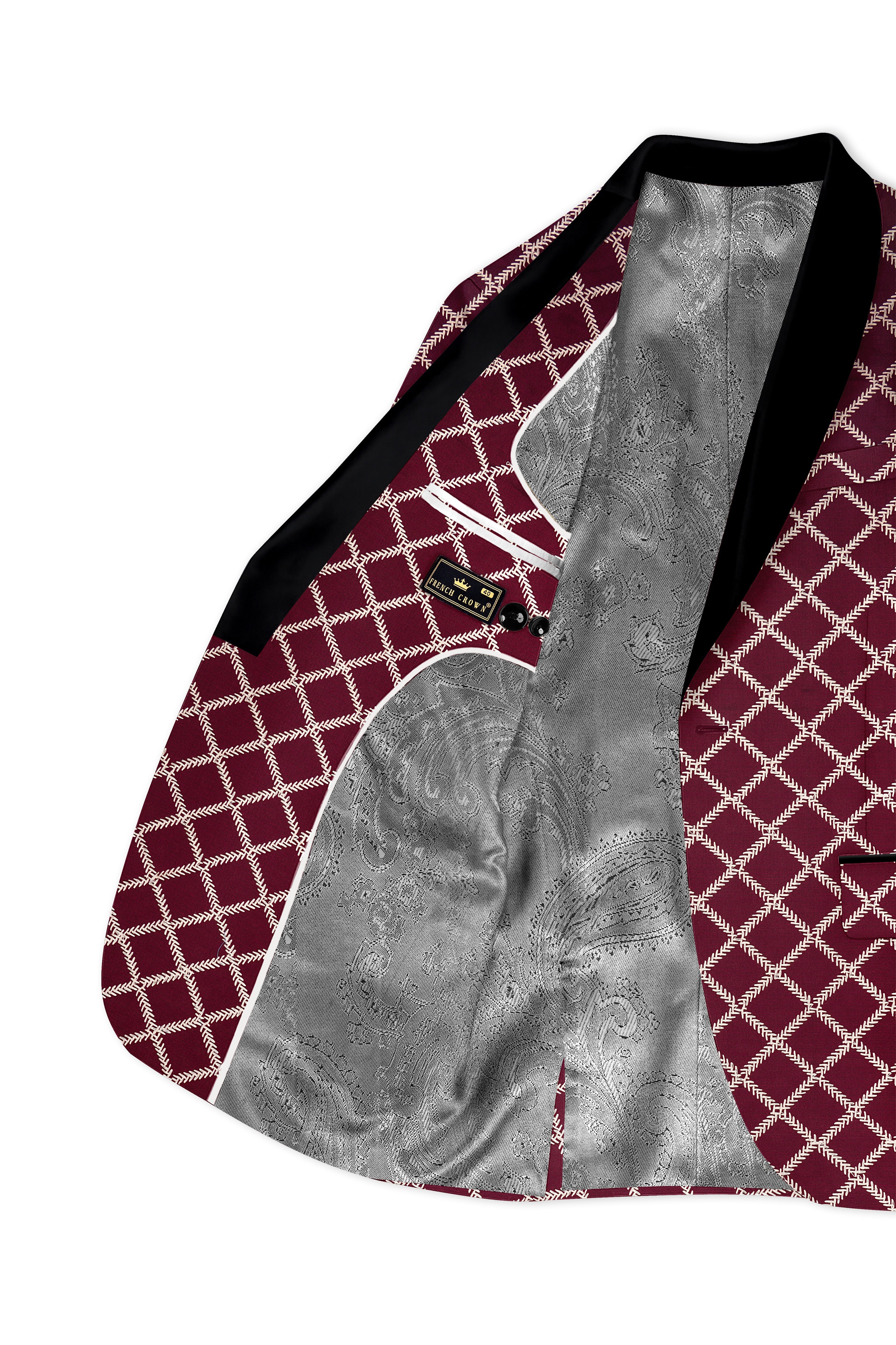 Viscara-Aubergine Maroon Geometric Pattern Thread Embroidered Viscose Designer Tuxedo Suit