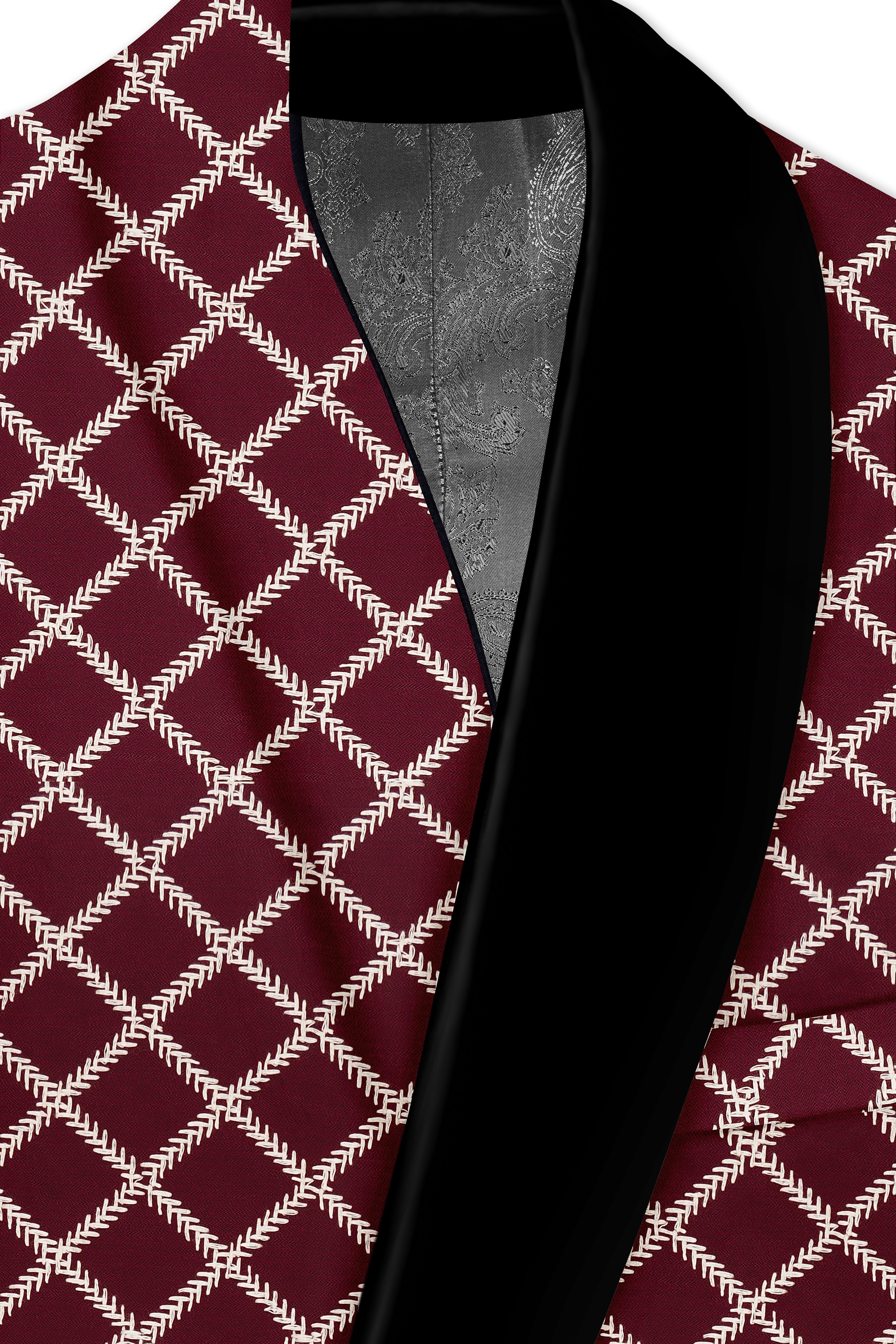 Viscara-Aubergine Maroon Geometric Pattern Thread Embroidered Viscose Designer Tuxedo Suit