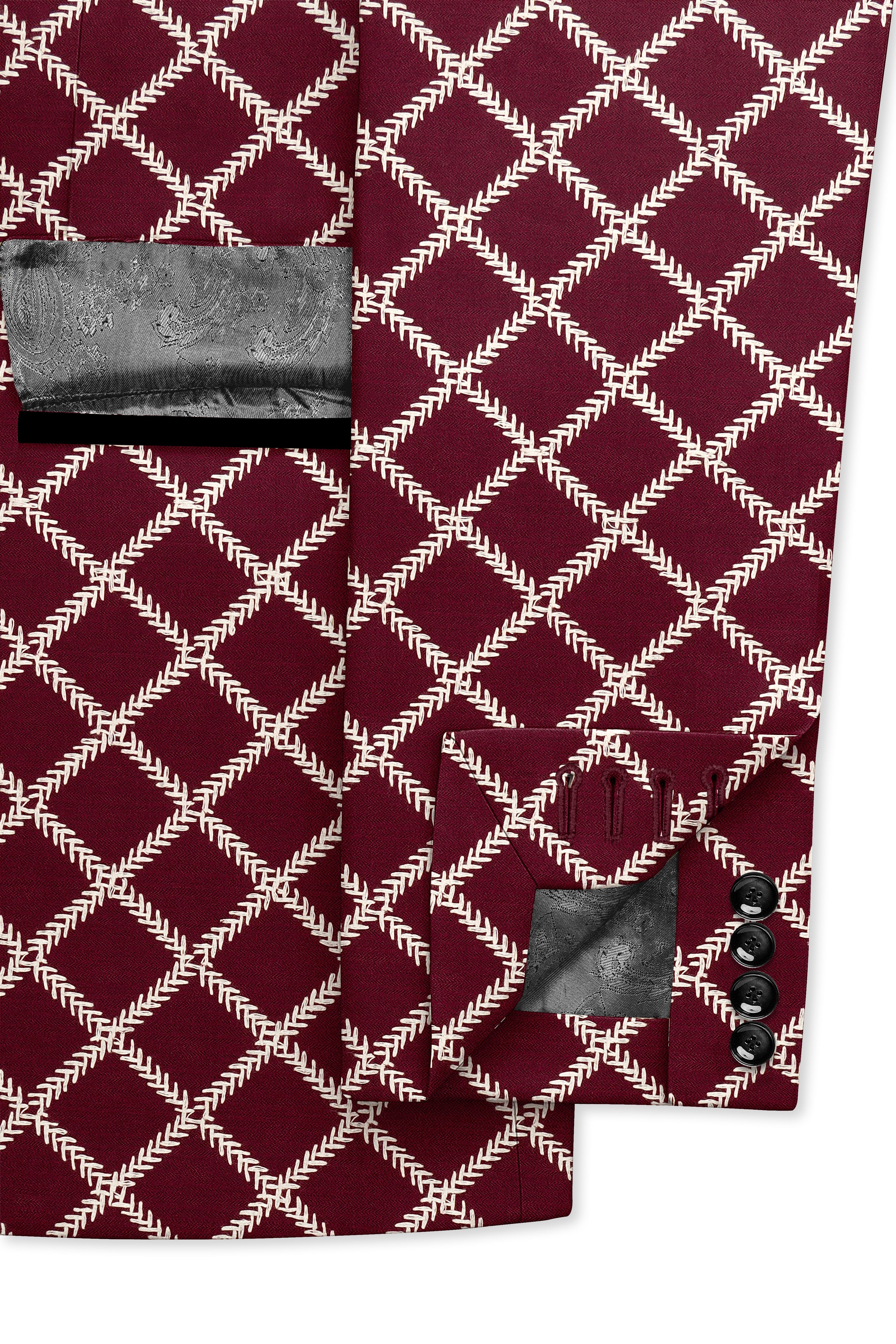 Viscara-Aubergine Maroon Geometric Pattern Thread Embroidered Viscose Designer Tuxedo Suit
