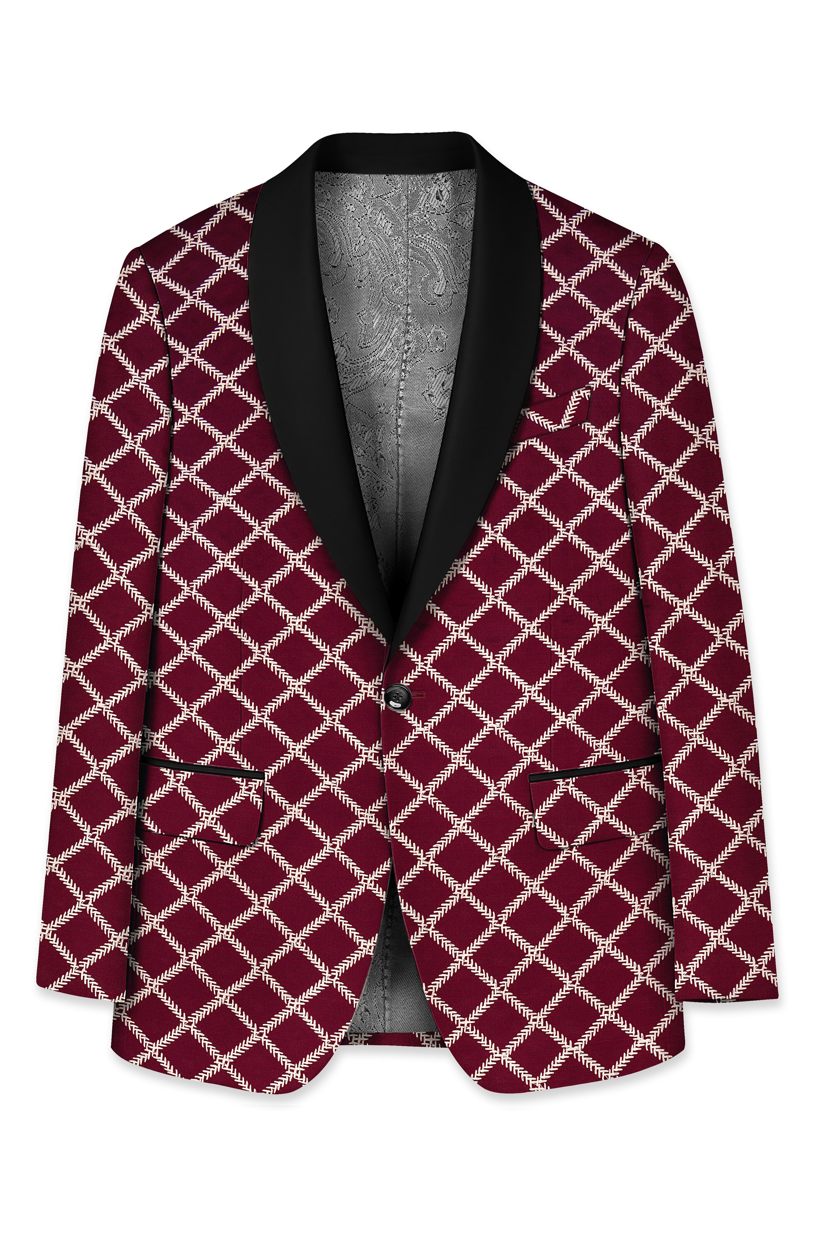 Viscara-Aubergine Maroon Geometric Pattern Thread Embroidered Viscose Designer Tuxedo Suit