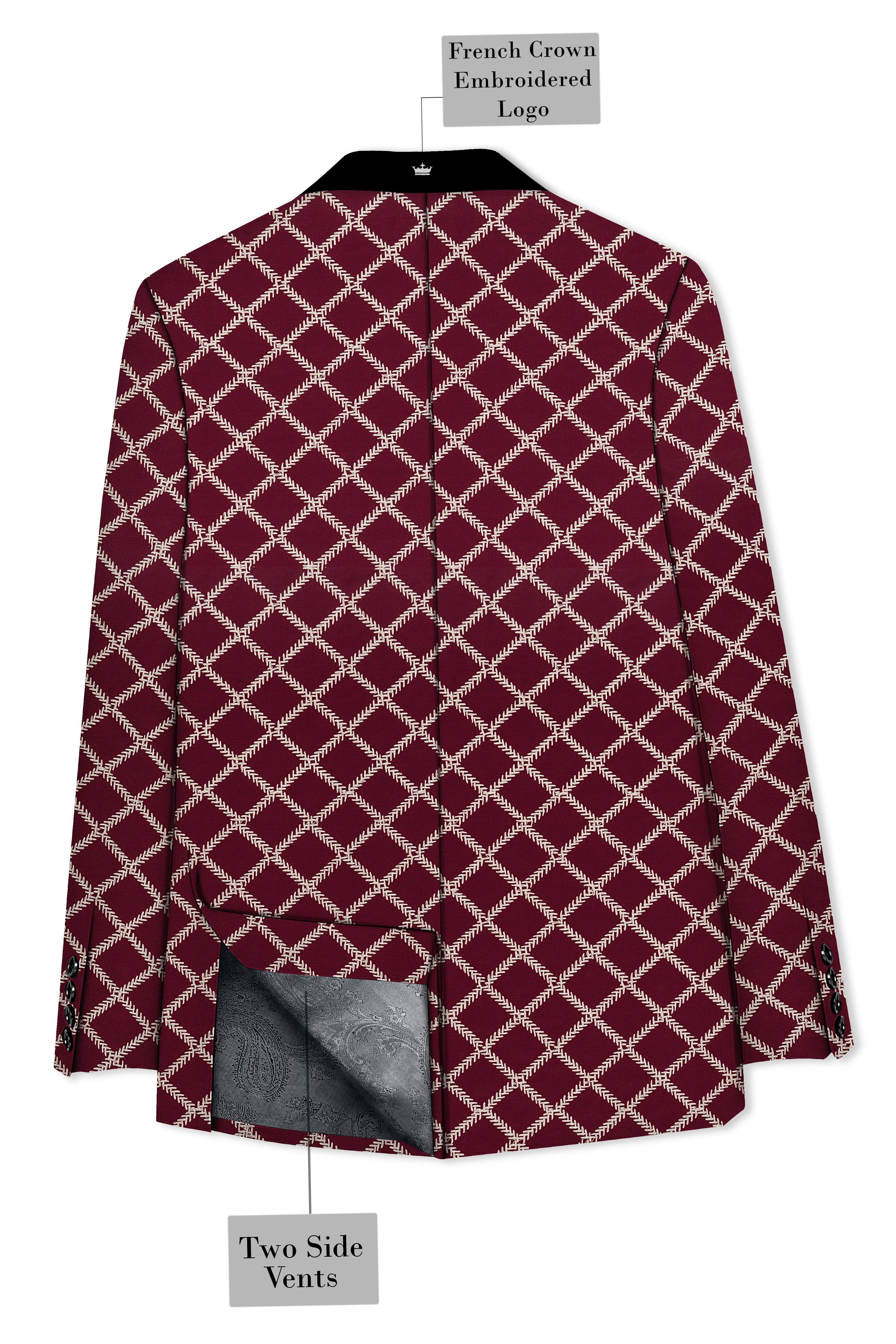 Viscara-Aubergine Maroon Geometric Pattern Thread Embroidered Viscose Designer Tuxedo Suit