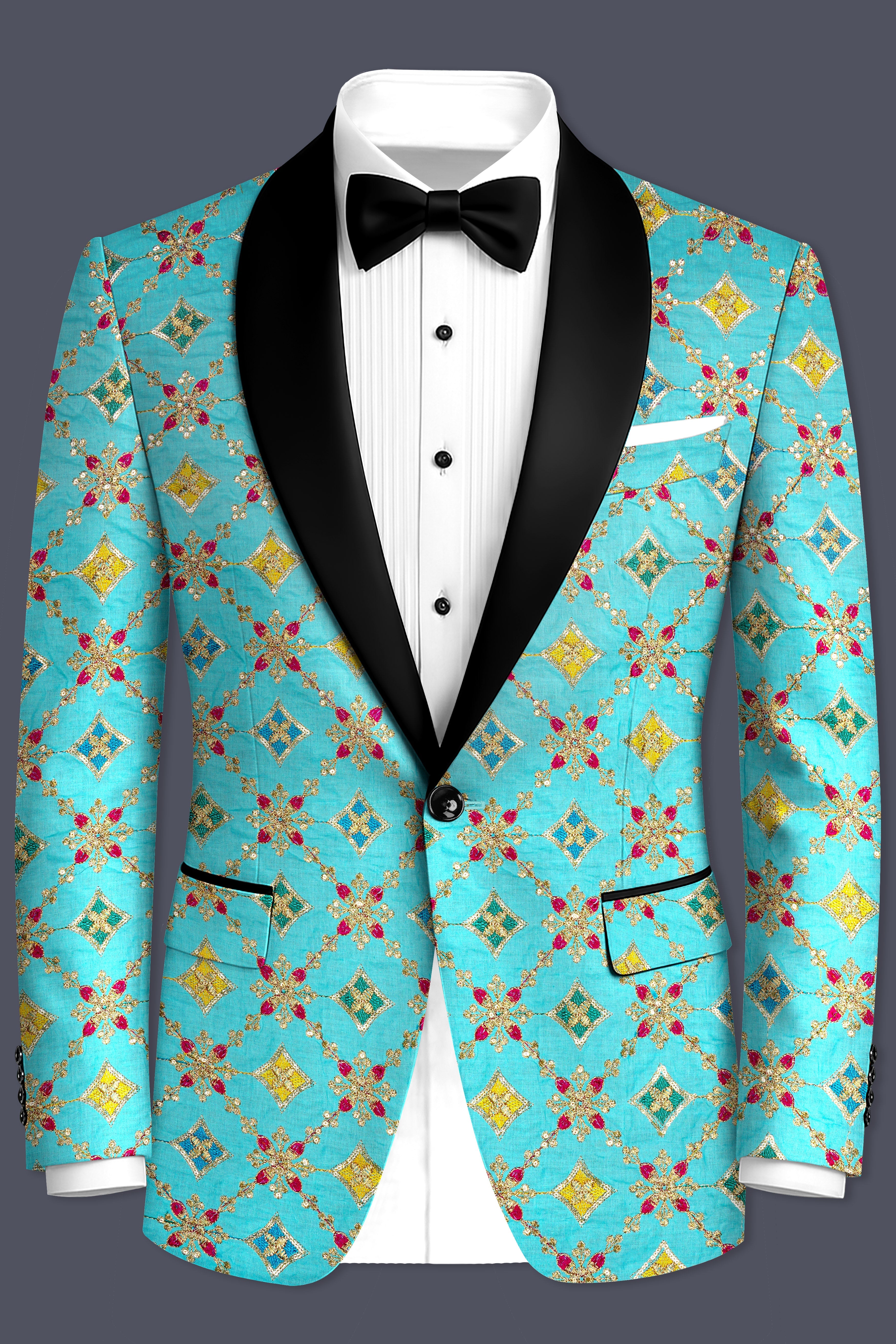 Rosavon-Cyan Blue and Charm Pink Floral Cotton Thread Embroidered Designer Tuxedo Suit