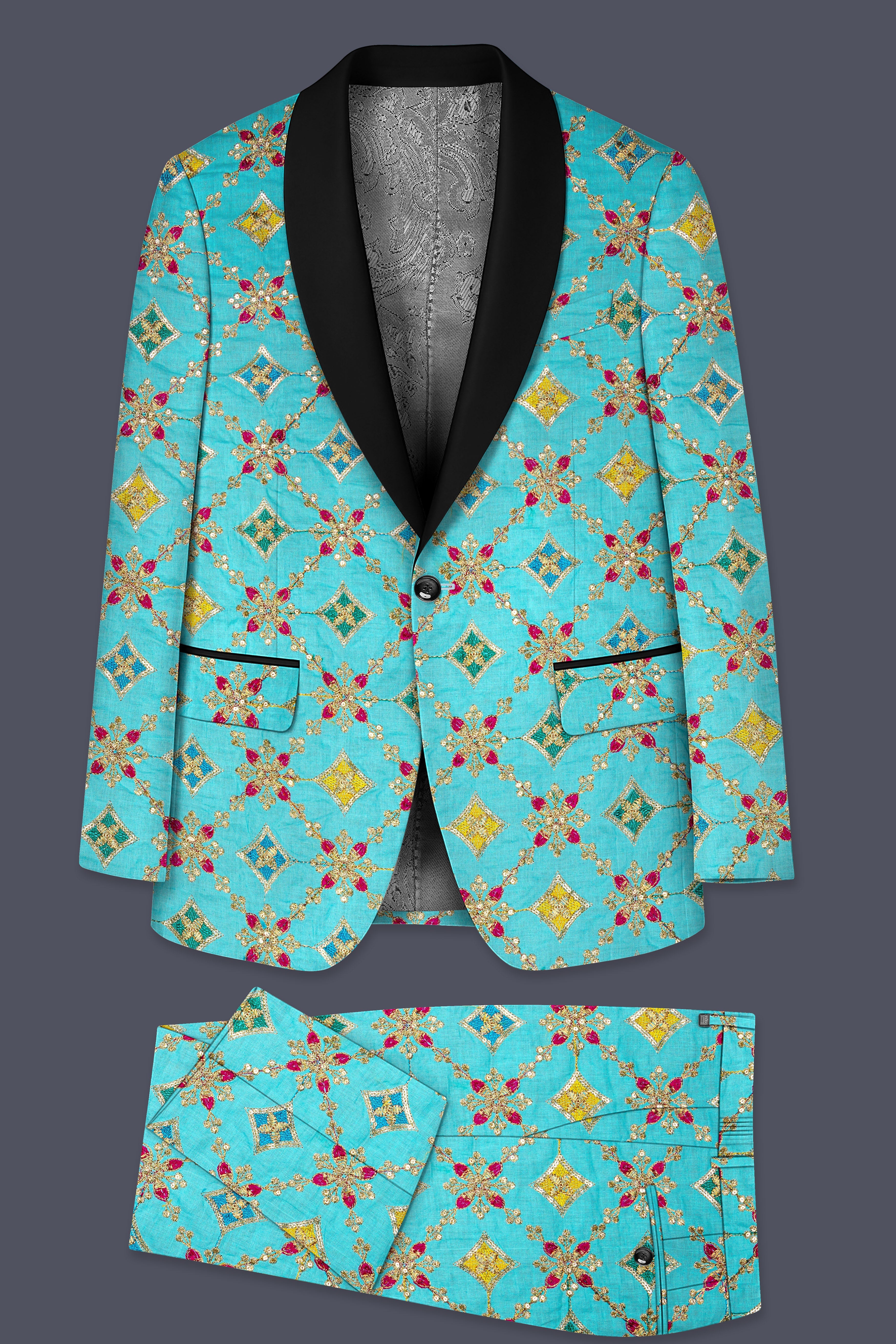 Rosavon-Cyan Blue and Charm Pink Floral Cotton Thread Embroidered Designer Tuxedo Suit