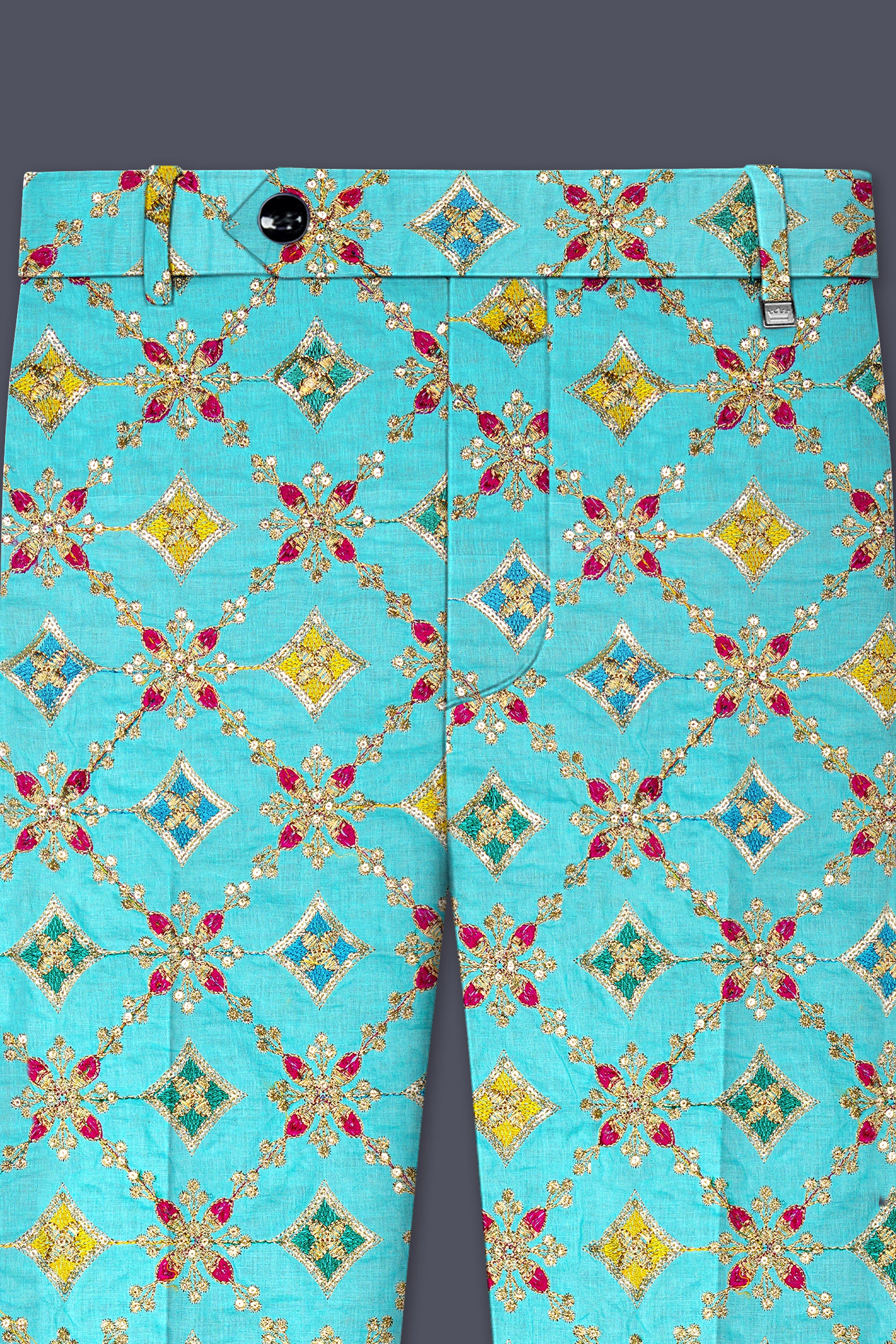 Rosavon-Cyan Blue and Charm Pink Floral Cotton Thread Embroidered Designer Tuxedo Suit