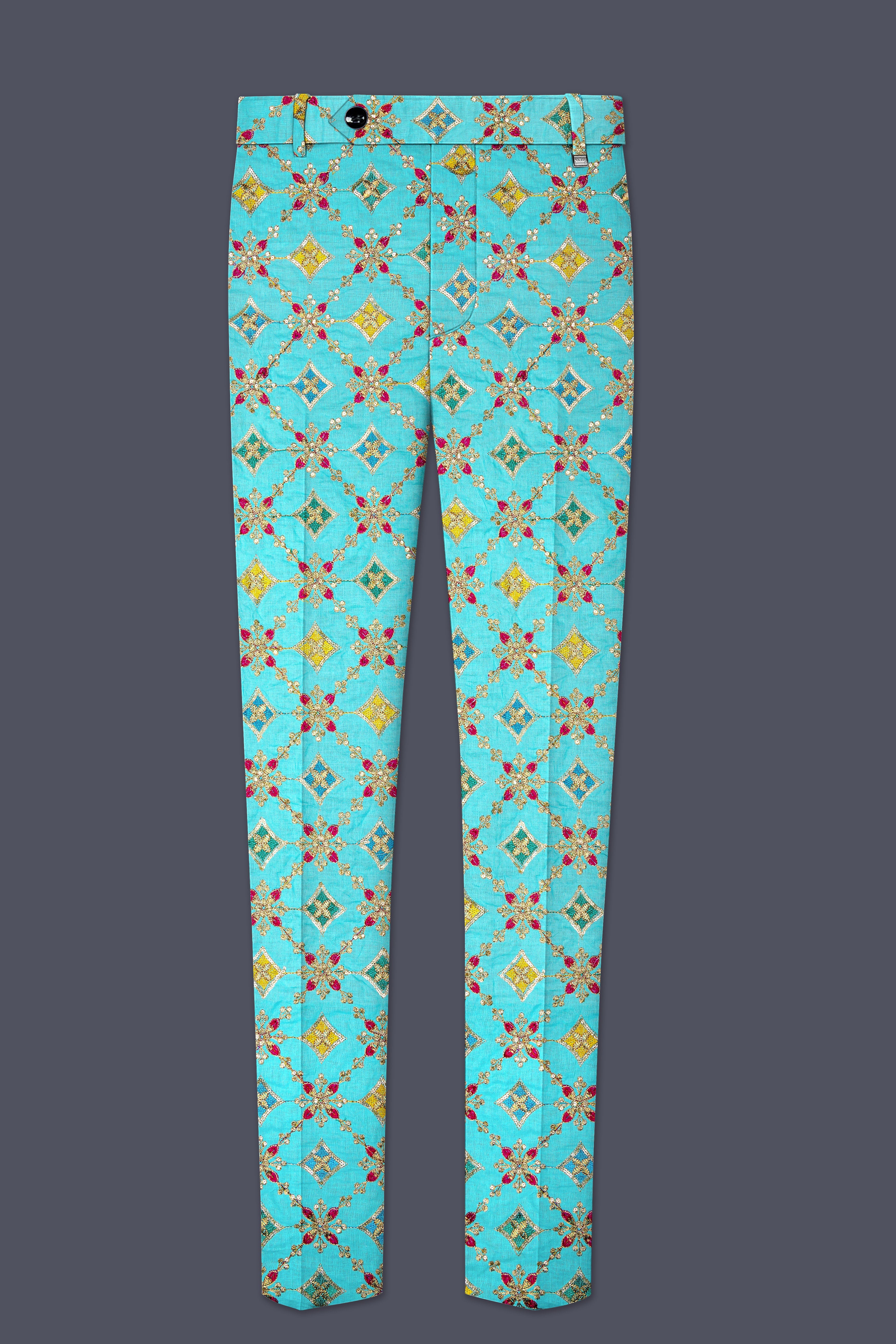 Rosavon-Cyan Blue and Charm Pink Floral Cotton Thread Embroidered Designer Tuxedo Suit