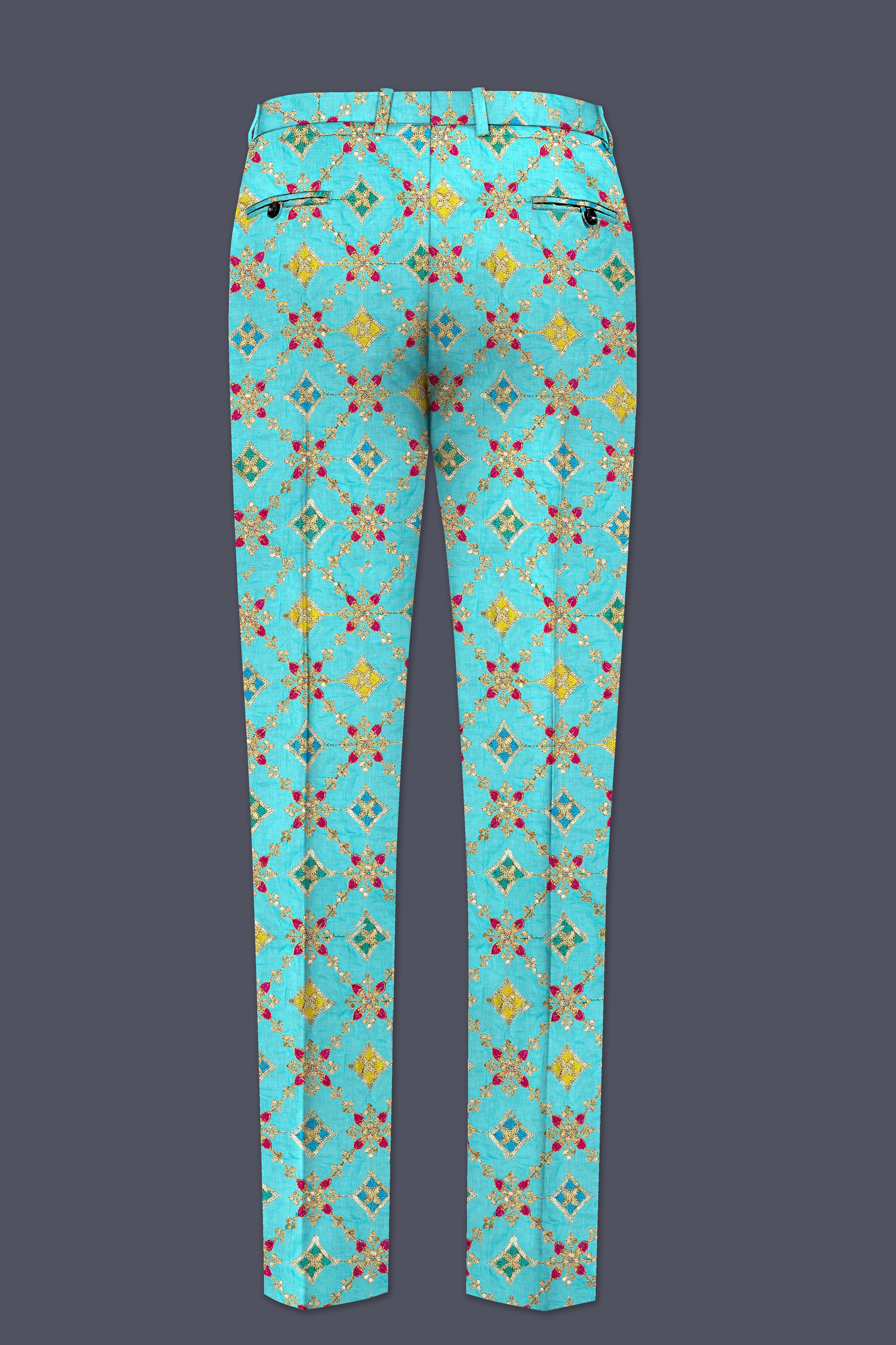 Rosavon-Cyan Blue and Charm Pink Floral Cotton Thread Embroidered Designer Tuxedo Suit