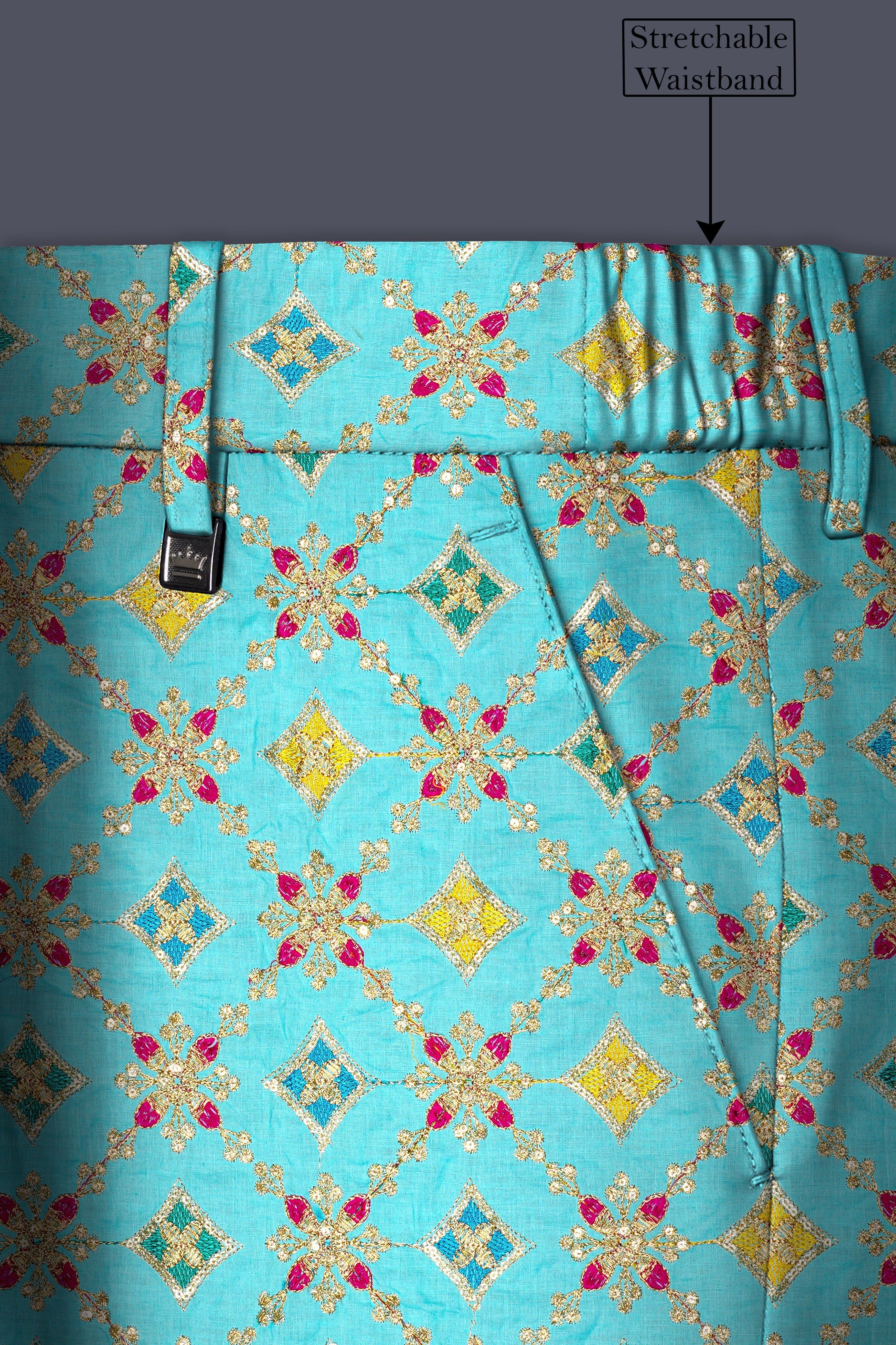 Rosavon-Cyan Blue and Charm Pink Floral Cotton Thread Embroidered Designer Tuxedo Suit