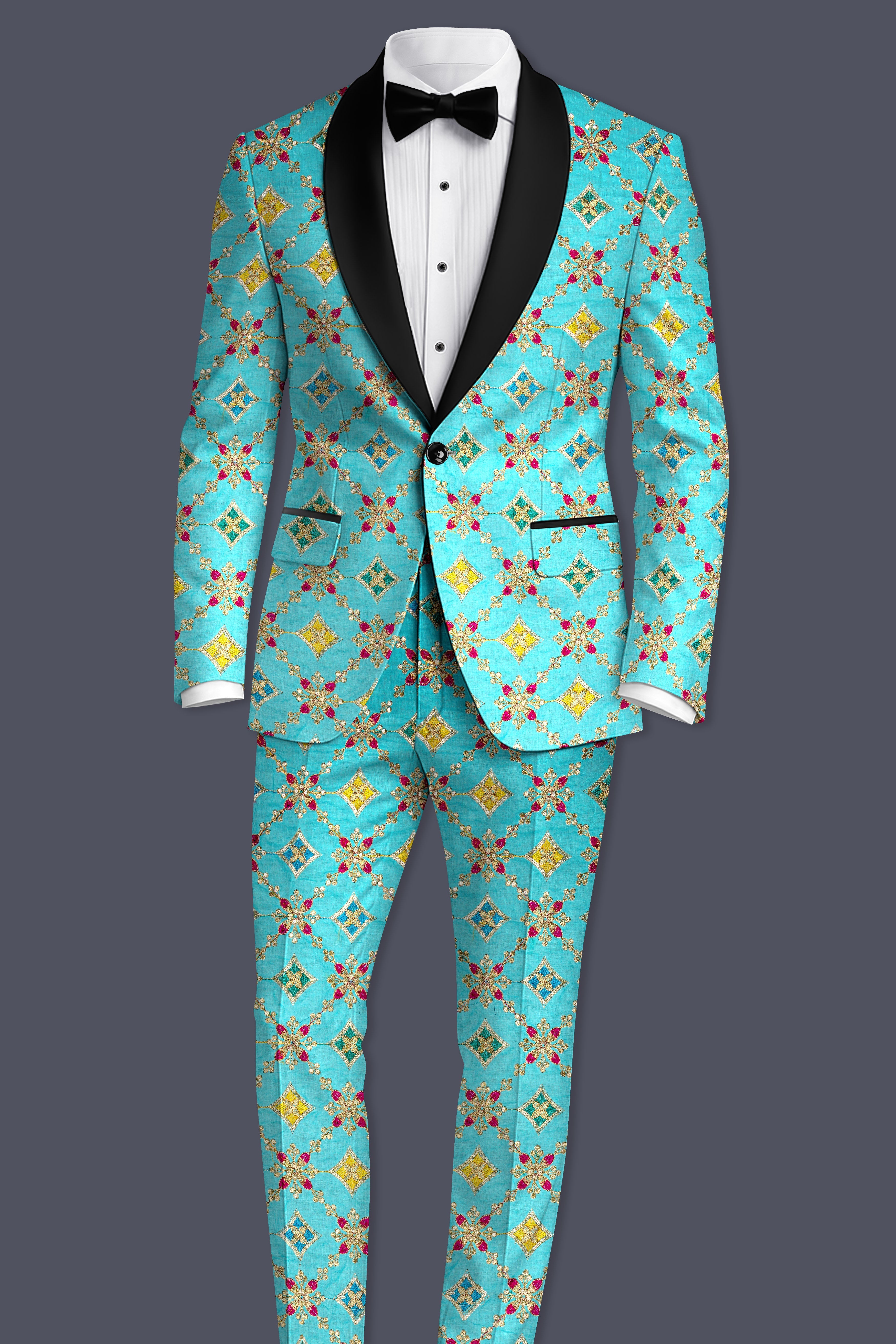 Rosavon-Cyan Blue and Charm Pink Floral Cotton Thread Embroidered Designer Tuxedo Suit