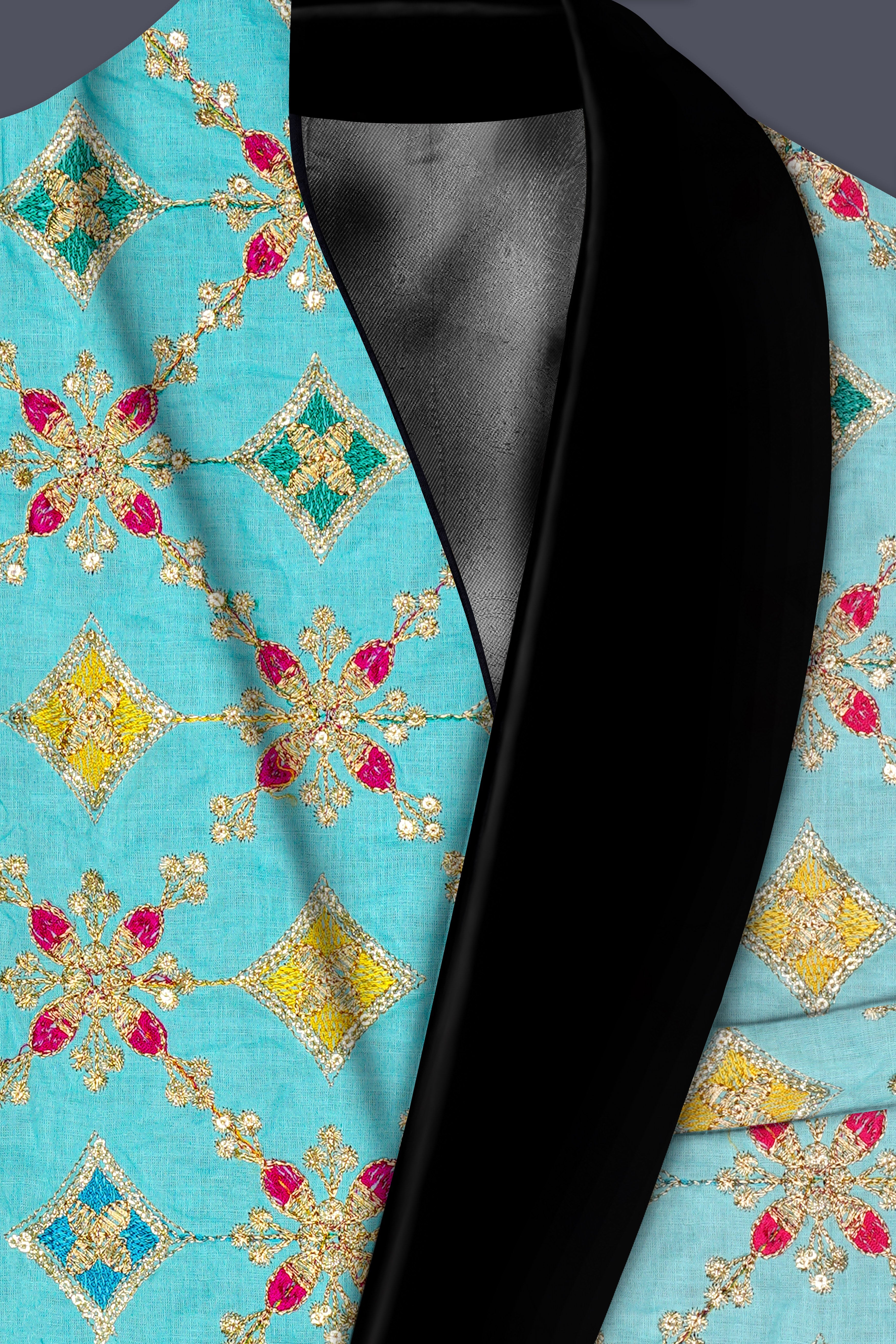 Rosavon-Cyan Blue and Charm Pink Floral Cotton Thread Embroidered Designer Tuxedo Suit