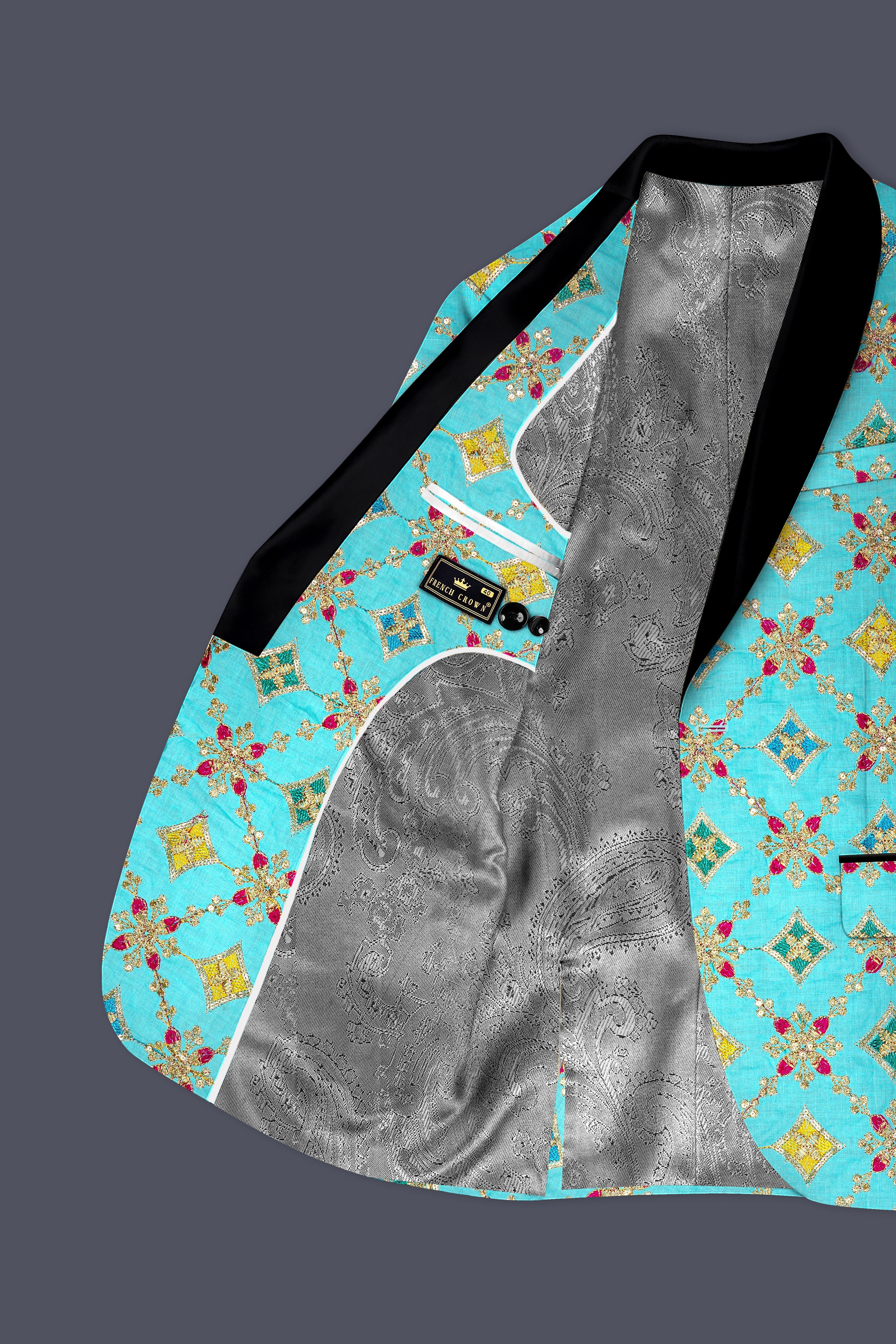 Rosavon-Cyan Blue and Charm Pink Floral Cotton Thread Embroidered Designer Tuxedo Suit