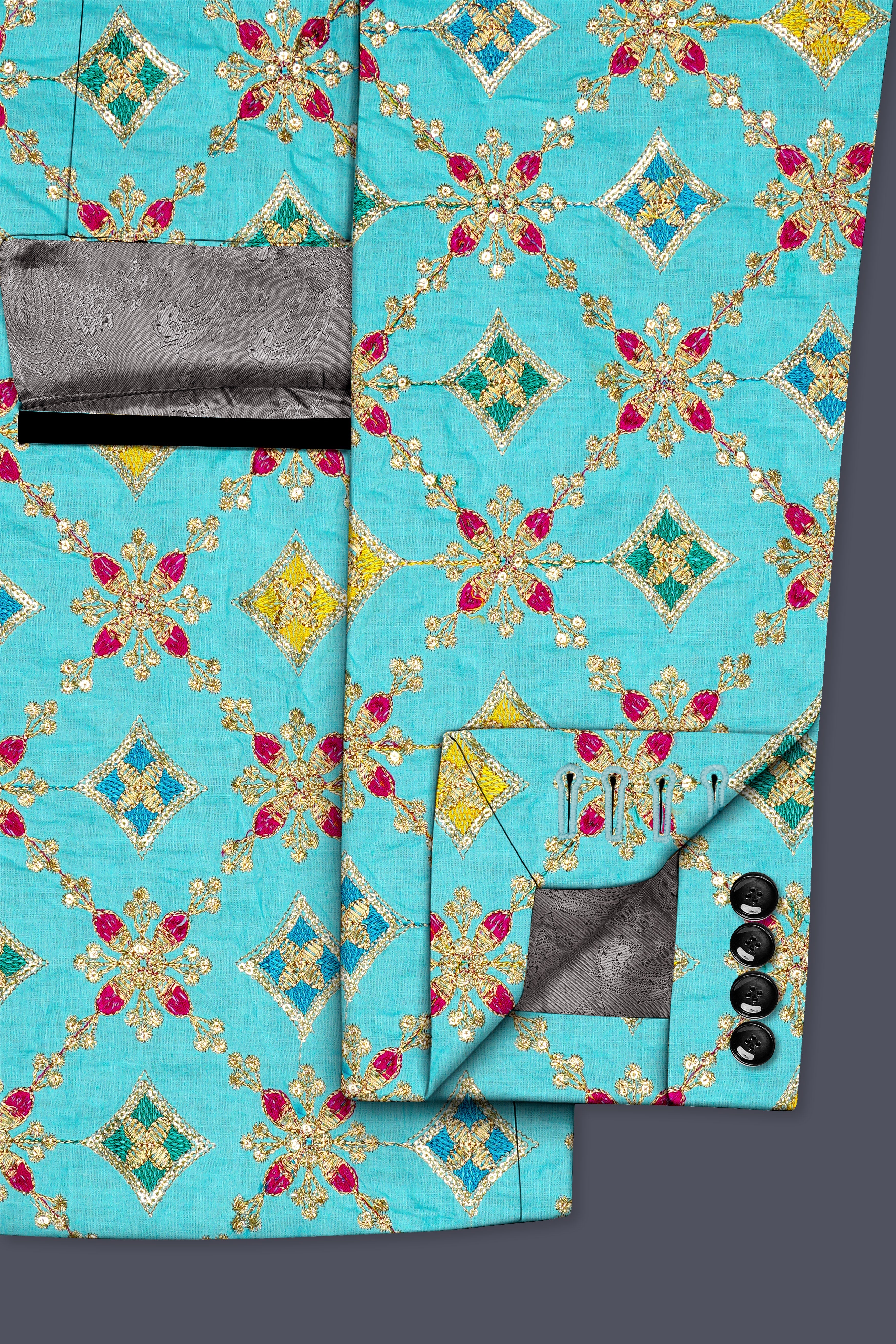 Rosavon-Cyan Blue and Charm Pink Floral Cotton Thread Embroidered Designer Tuxedo Suit