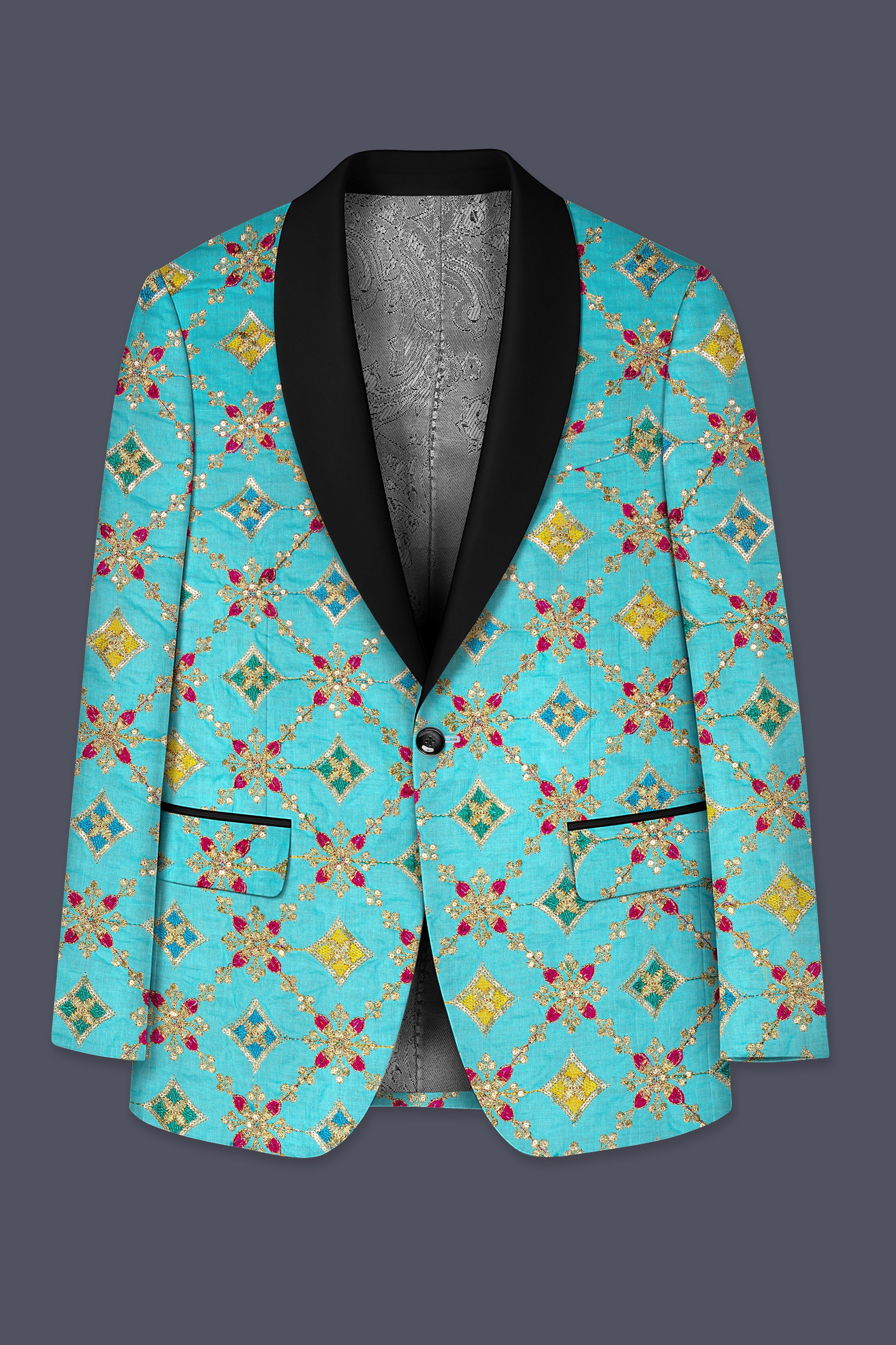 Rosavon-Cyan Blue and Charm Pink Floral Cotton Thread Embroidered Designer Tuxedo Suit