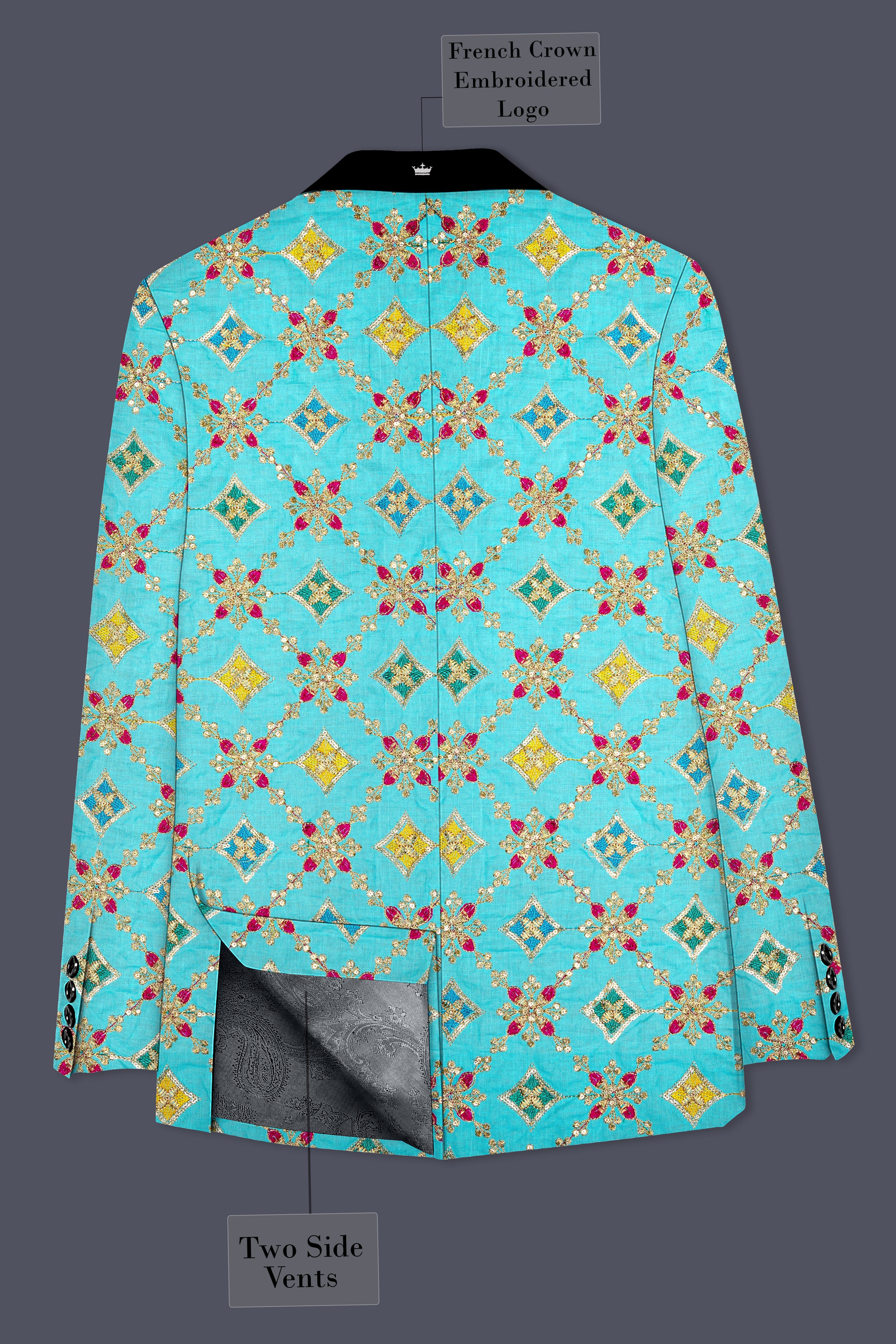 Rosavon-Cyan Blue and Charm Pink Floral Cotton Thread Embroidered Designer Tuxedo Suit